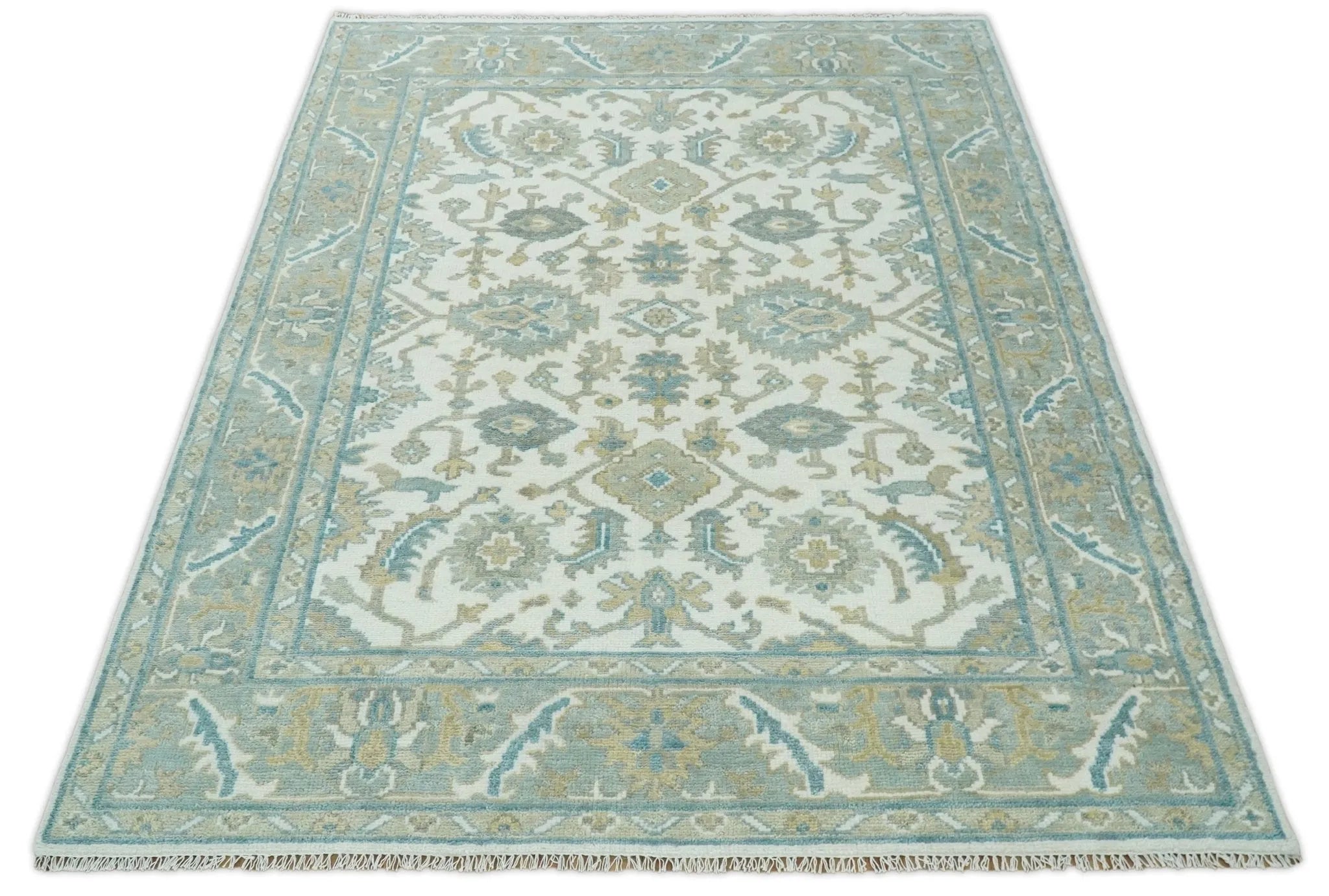 Hand Knotted Oriental Oushak Teal, Ivory and Beige Custom Made Wool Area Rug