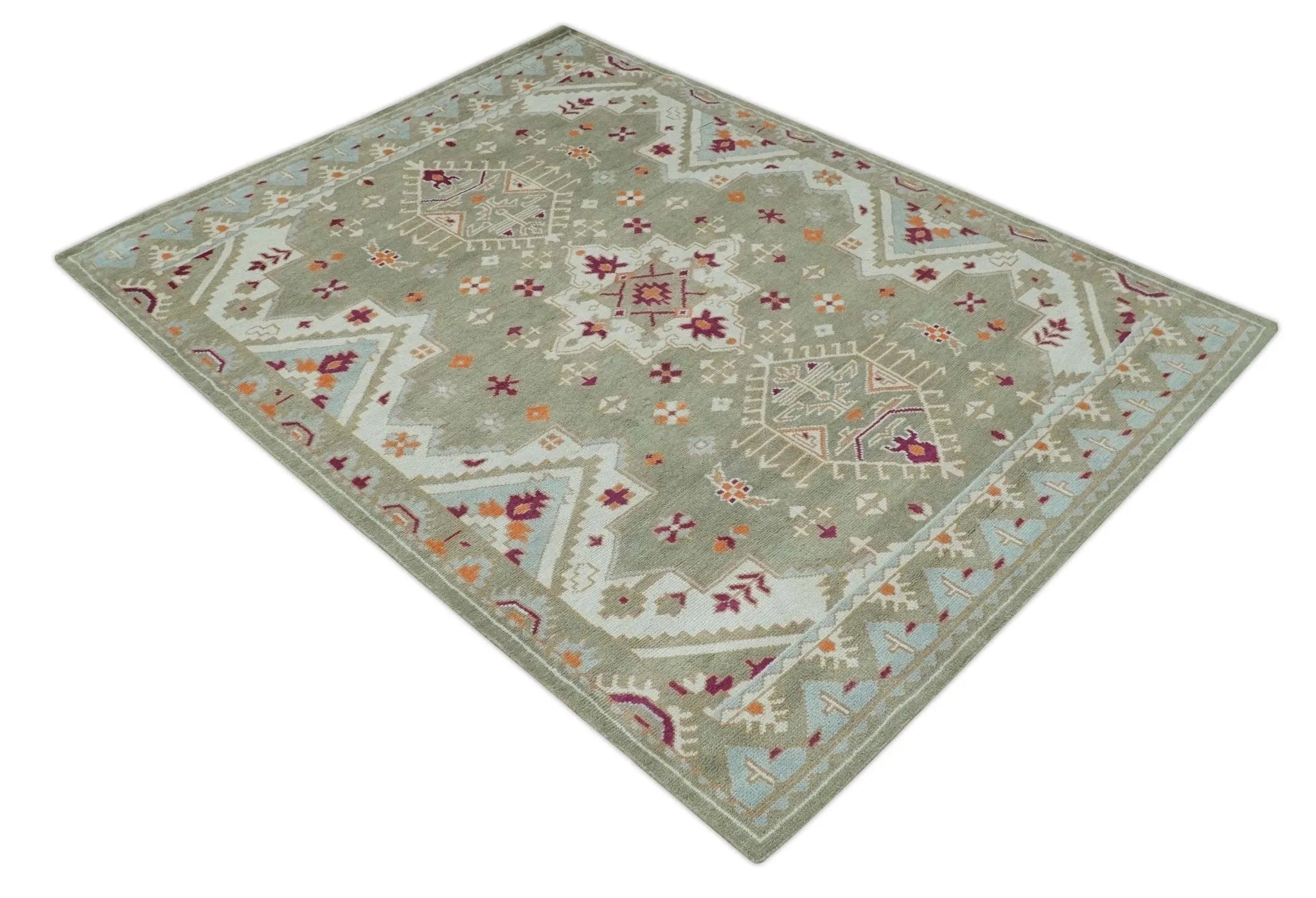 Light Green, Ivory and Maroon Traditional Hand knotted Custom Made wool Area Rug