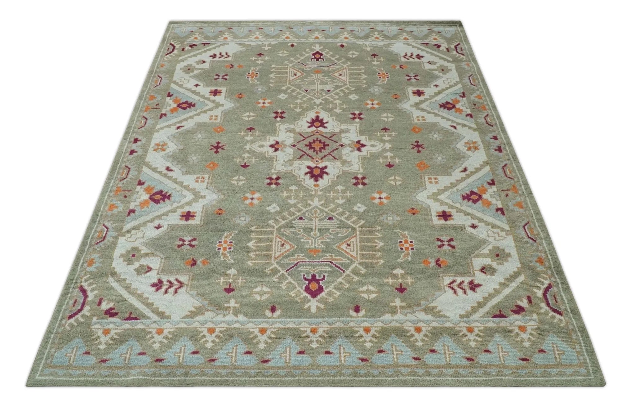 Light Green, Ivory and Maroon Traditional Hand knotted Custom Made wool Area Rug