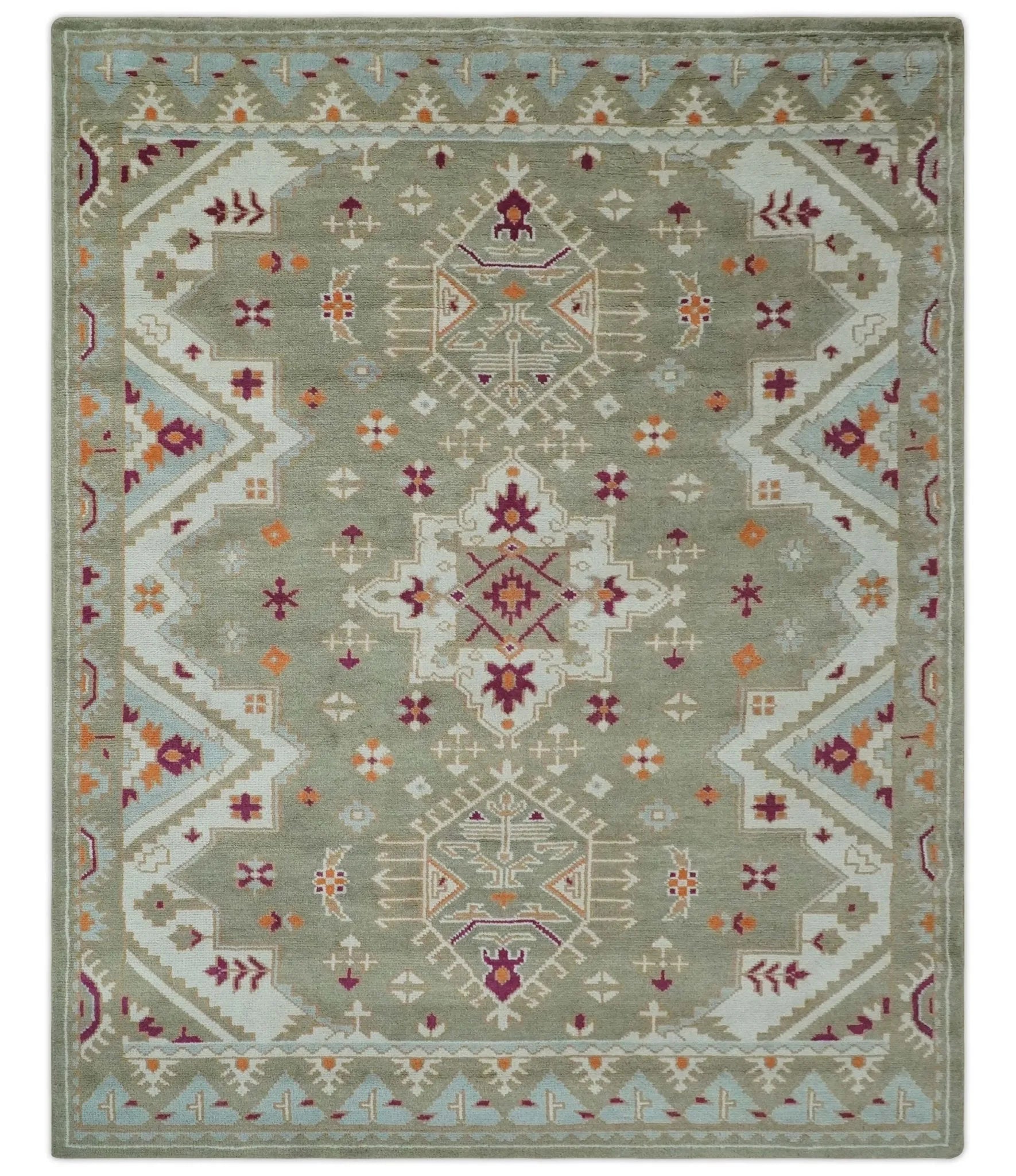 Light Green, Ivory and Maroon Traditional Hand knotted Custom Made wool Area Rug