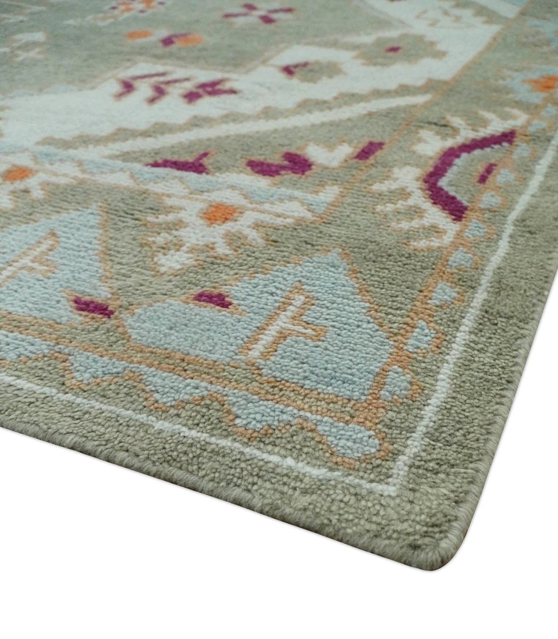 Light Green, Ivory and Maroon Traditional Hand knotted Custom Made wool Area Rug