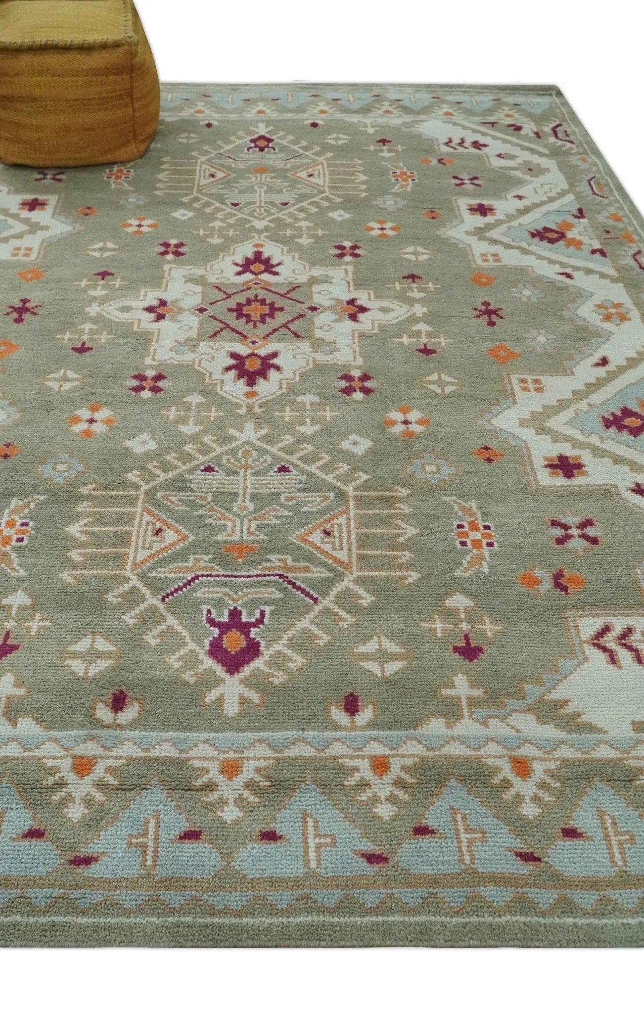 Light Green, Ivory and Maroon Traditional Hand knotted Custom Made wool Area Rug