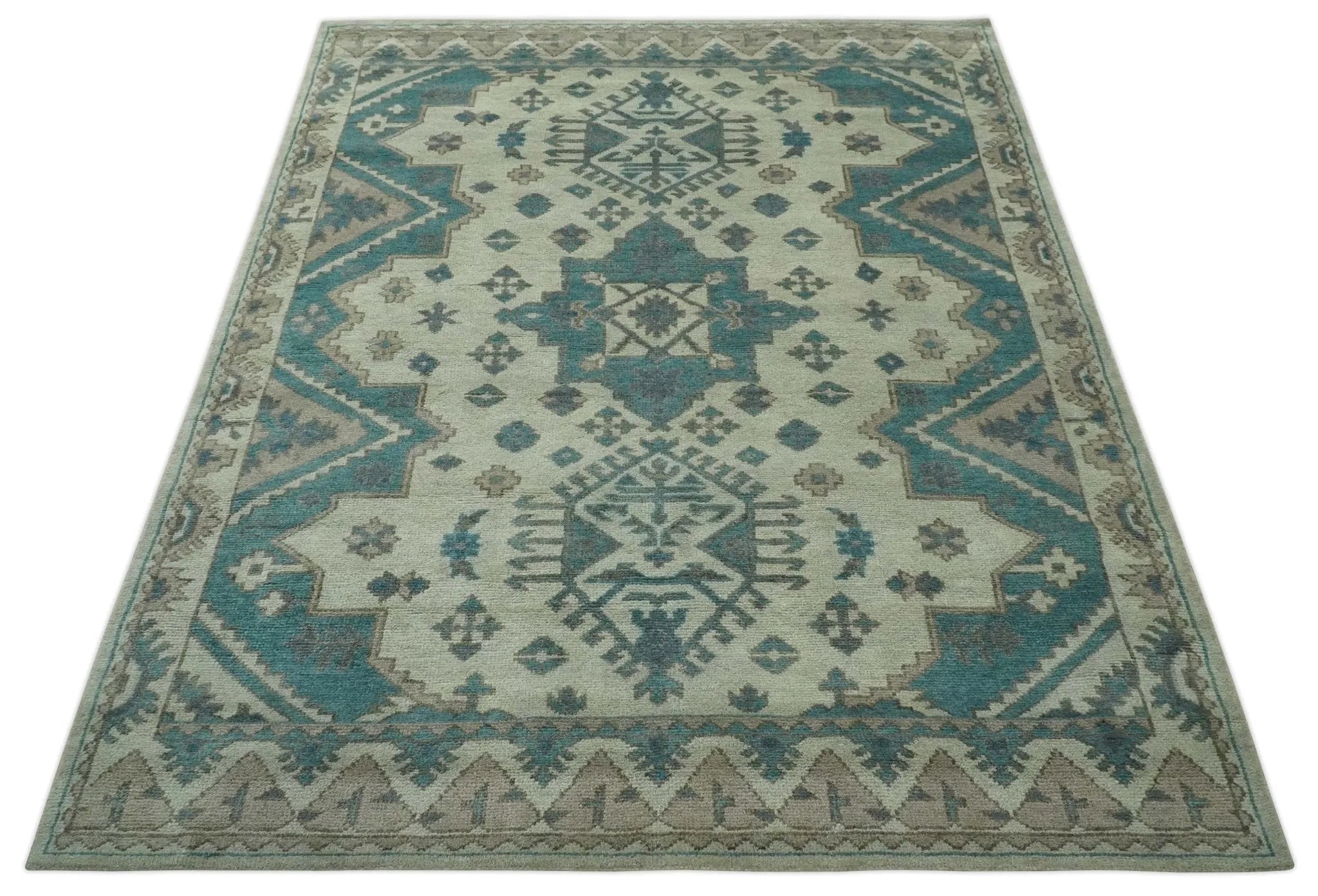 Teal and Charcoal Traditional Hand Knotted Custom Made wool Area Rug