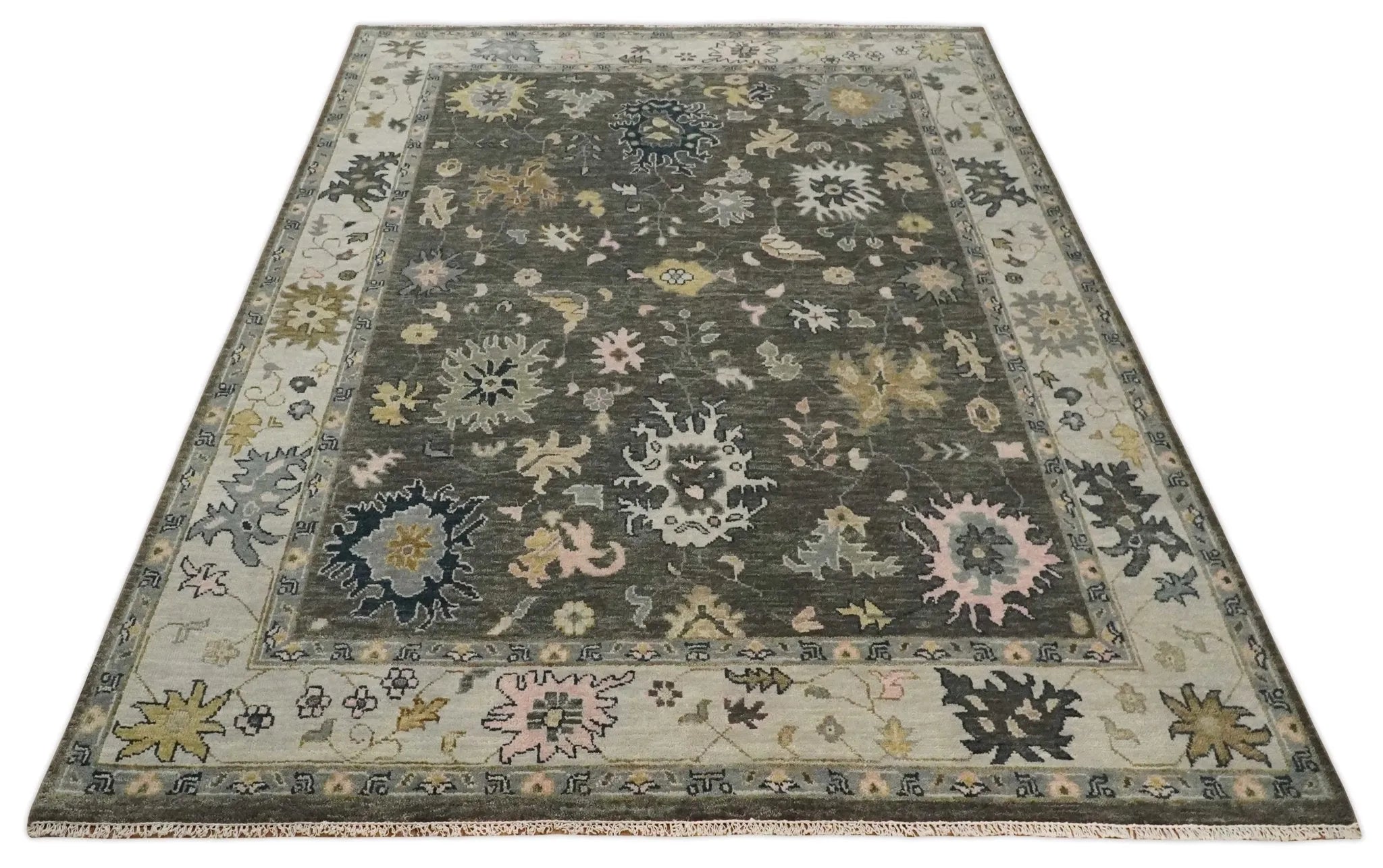 Custom Made Living Room Rug Hand Knotted Dark Gray and Beige Traditional Wool Rug