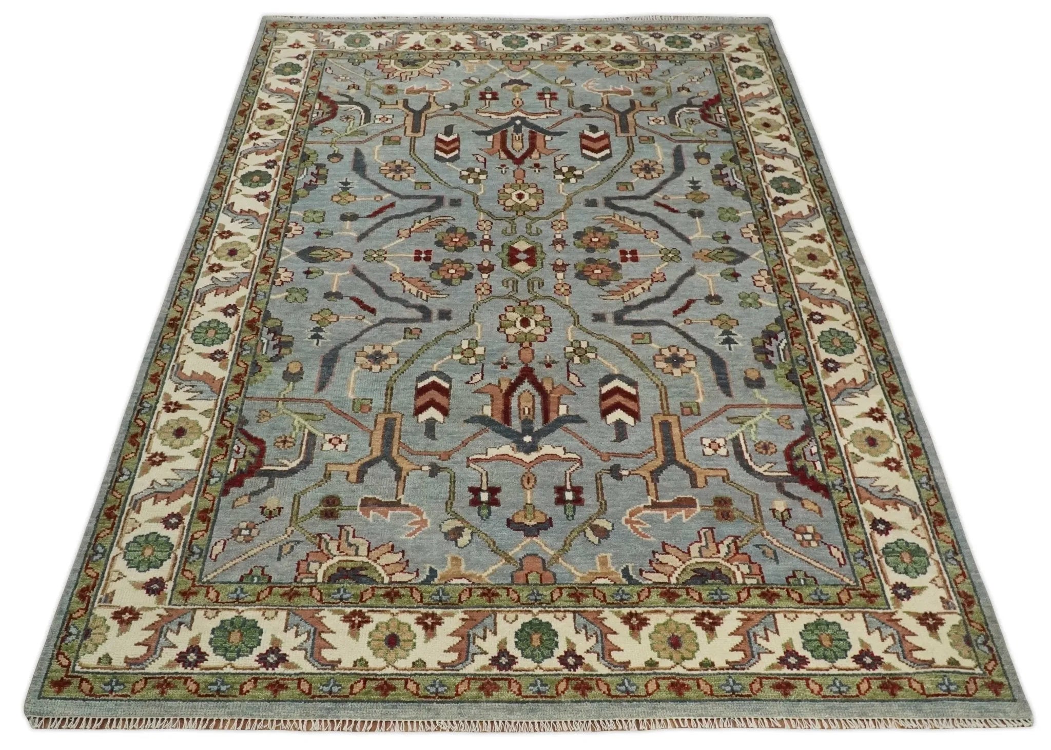 Custom Made Living Room Rug Hand Knotted Silver, Olive and Ivory Traditional Oriental Oushak Wool Rug