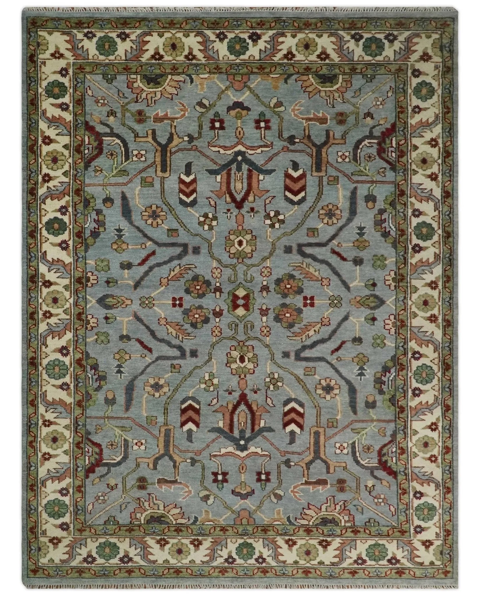 Custom Made Living Room Rug Hand Knotted Silver, Olive and Ivory Traditional Oriental Oushak Wool Rug