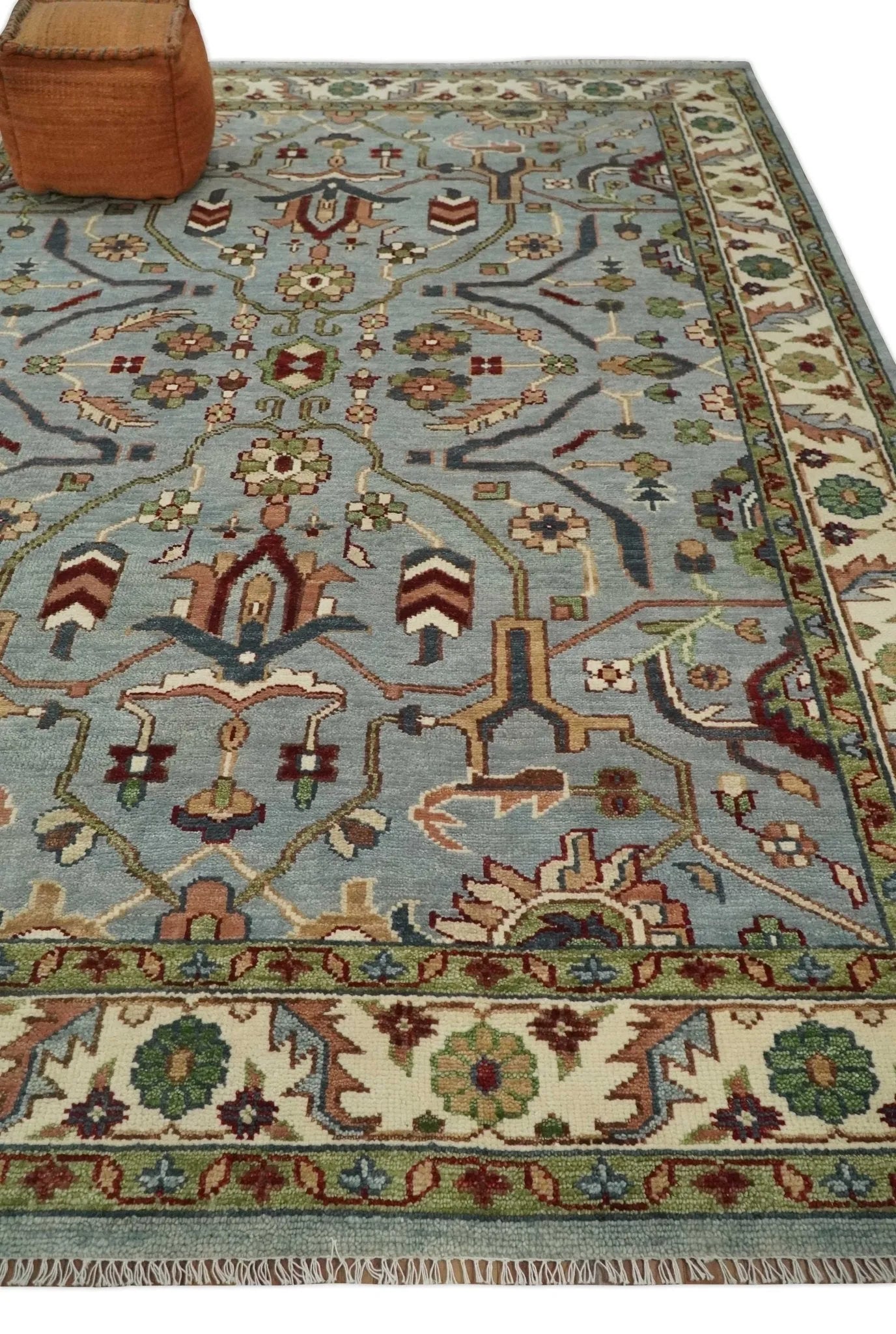 Custom Made Living Room Rug Hand Knotted Silver, Olive and Ivory Traditional Oriental Oushak Wool Rug