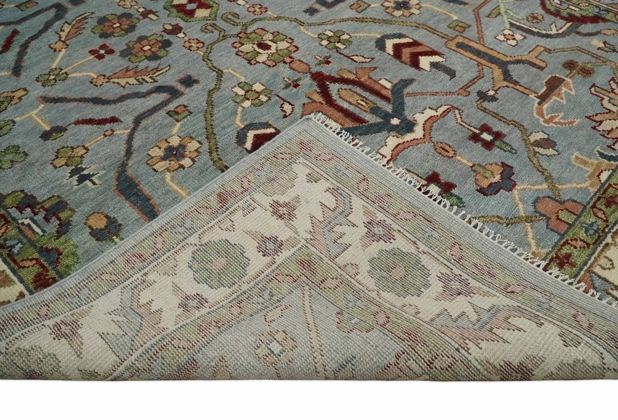 Custom Made Living Room Rug Hand Knotted Silver, Olive and Ivory Traditional Oriental Oushak Wool Rug