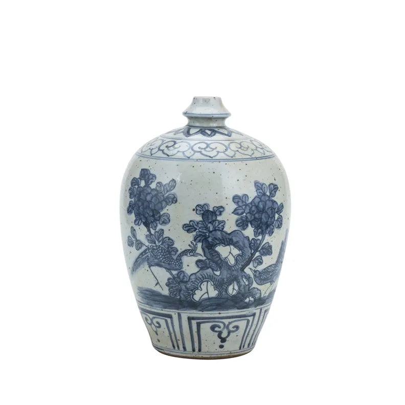 Blue And White Garlic Head Vase Flower Bird Motif