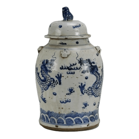 The Enchanted Home Ginger Jar in Blue/White with Dragon Design