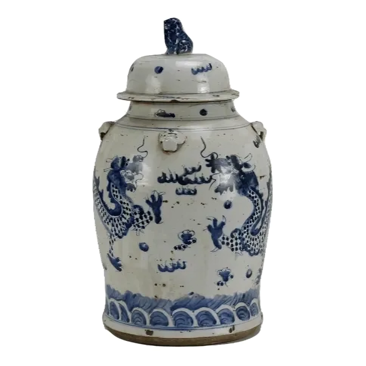 Ginger Jar in White and Blue with Dragon Design