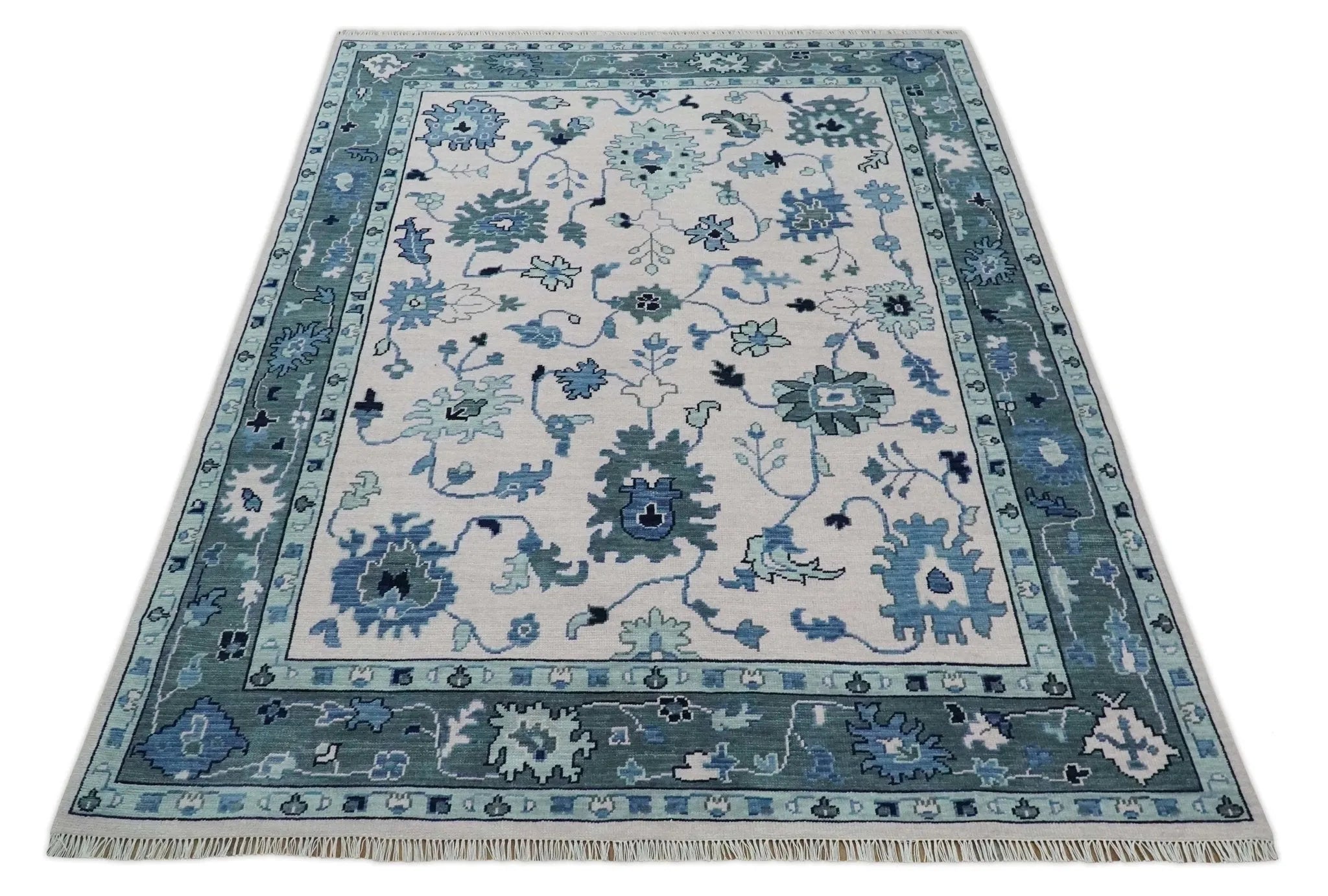 Soft Pink, Gray and Blue Hand Knotted Traditional Oushak Custom Made Wool Area Rug