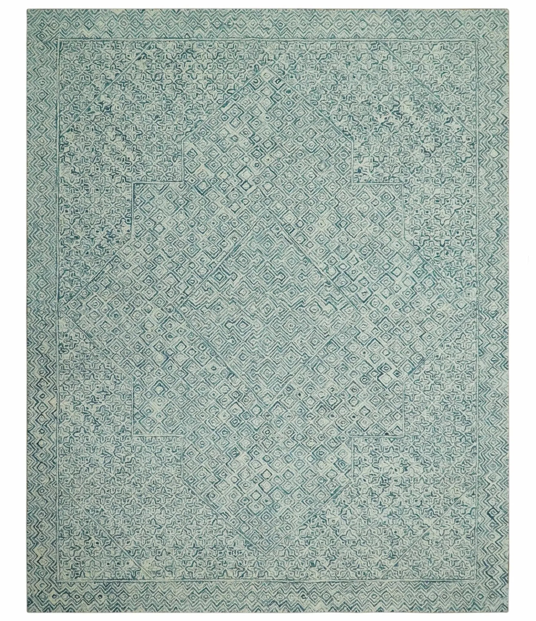 Modern Geometrical Teal and Ivory Hand Tufted Custom Made wool area rug