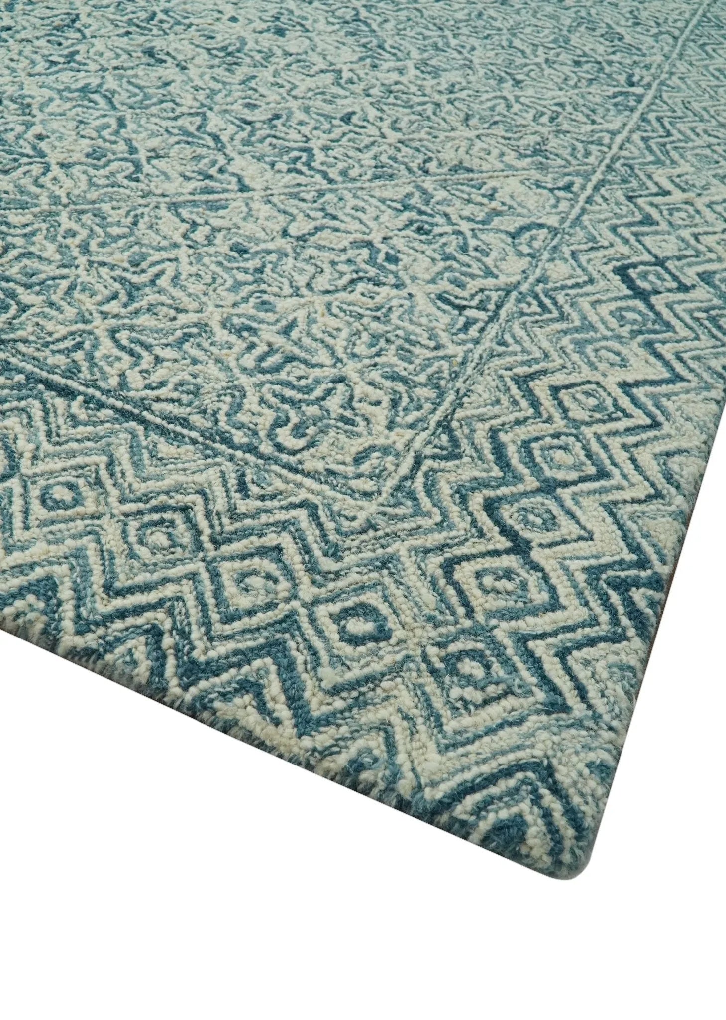 Modern Geometrical Teal and Ivory Hand Tufted Custom Made wool area rug