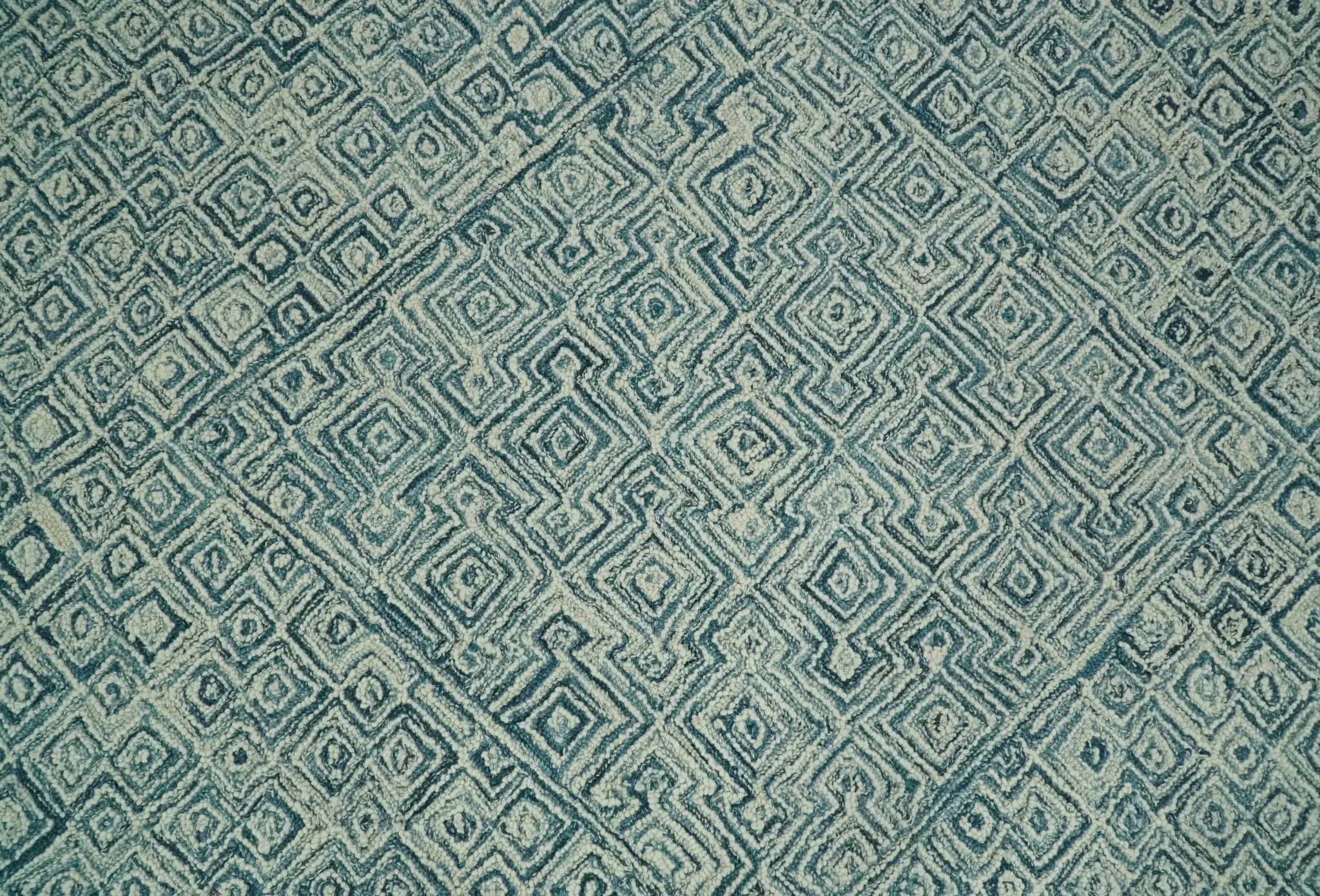 Modern Geometrical Teal and Ivory Hand Tufted Custom Made wool area rug