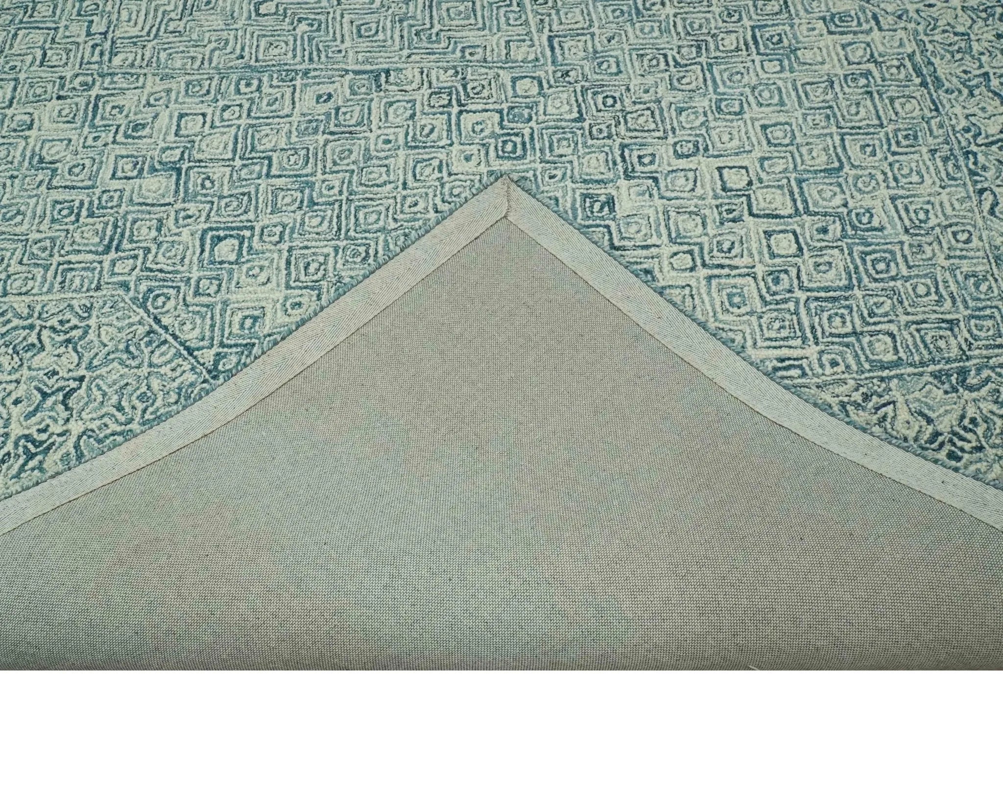 Modern Geometrical Teal and Ivory Hand Tufted Custom Made wool area rug