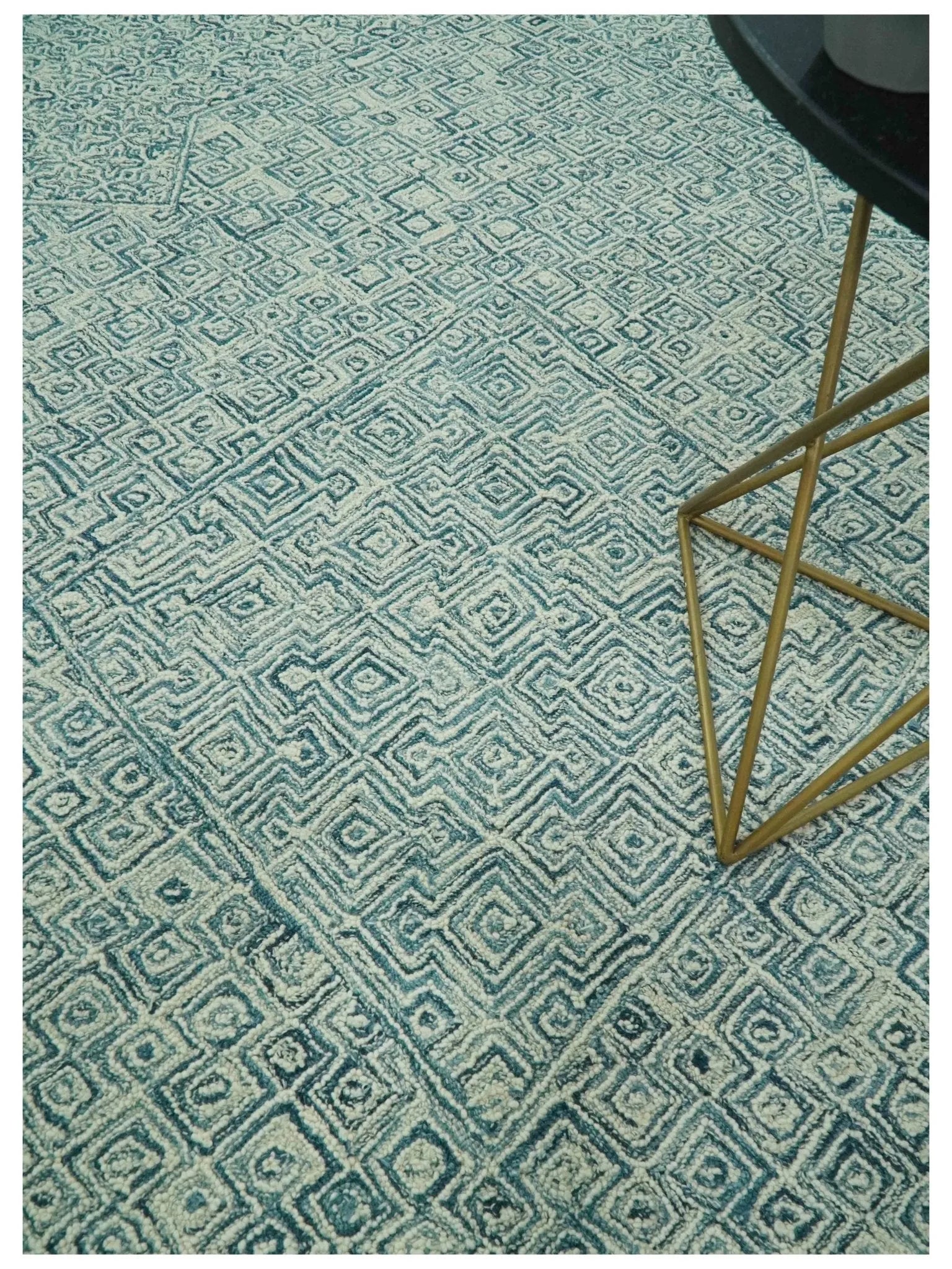 Modern Geometrical Teal and Ivory Hand Tufted Custom Made wool area rug