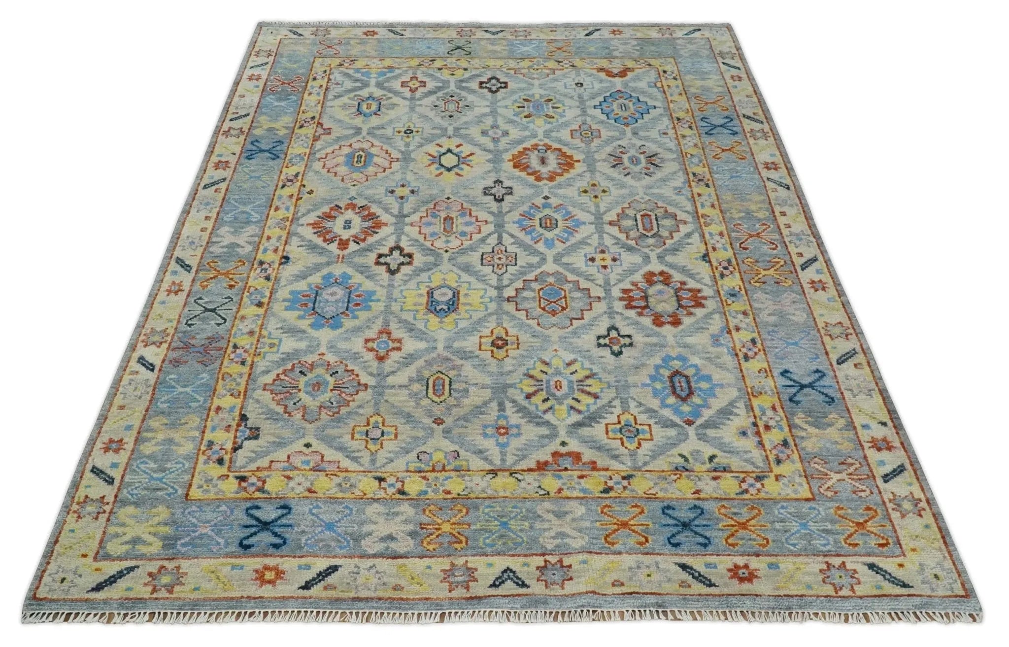 Vibrant Colorful Silver, Blue, Rust and Mustard Traditional Hand Knotted Custom Made Wool Area Rug