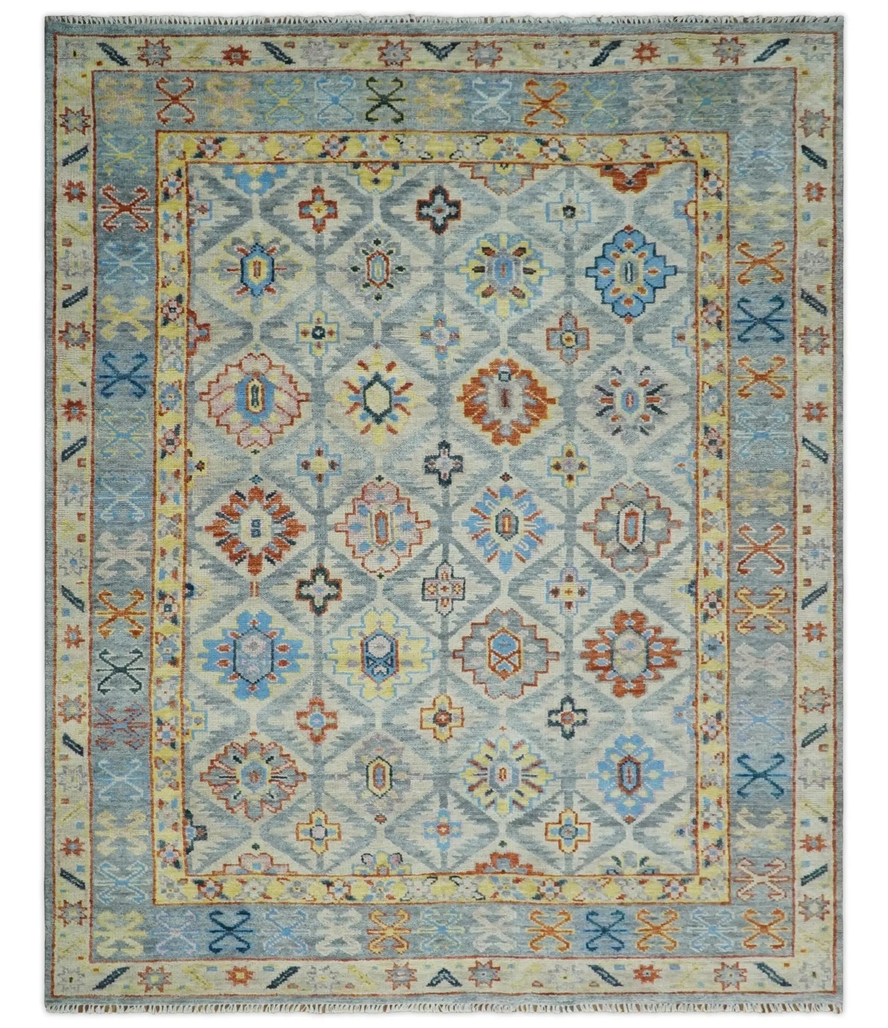 Vibrant Colorful Silver, Blue, Rust and Mustard Traditional Hand Knotted Custom Made Wool Area Rug