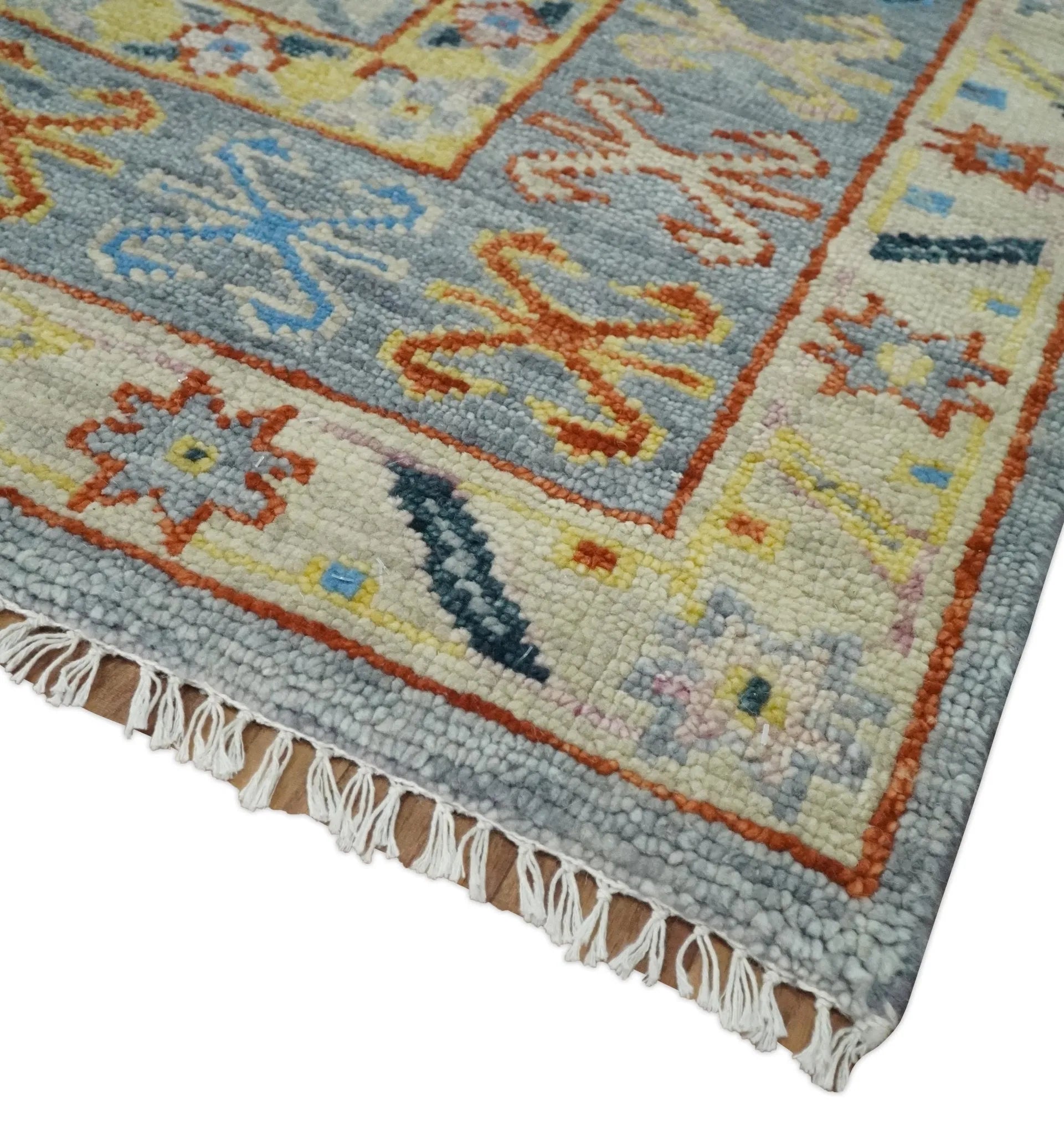 Vibrant Colorful Silver, Blue, Rust and Mustard Traditional Hand Knotted Custom Made Wool Area Rug