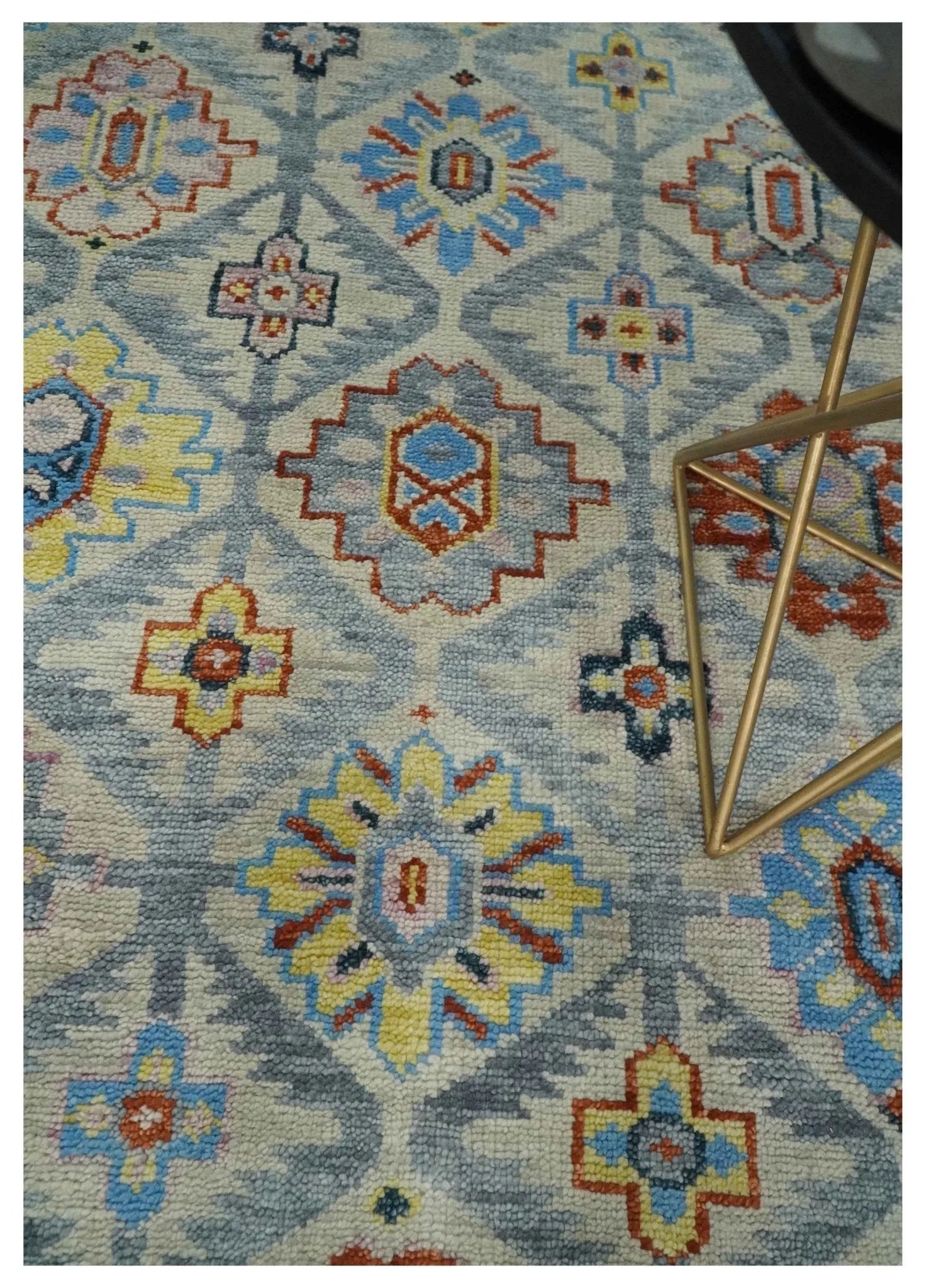 Vibrant Colorful Silver, Blue, Rust and Mustard Traditional Hand Knotted Custom Made Wool Area Rug