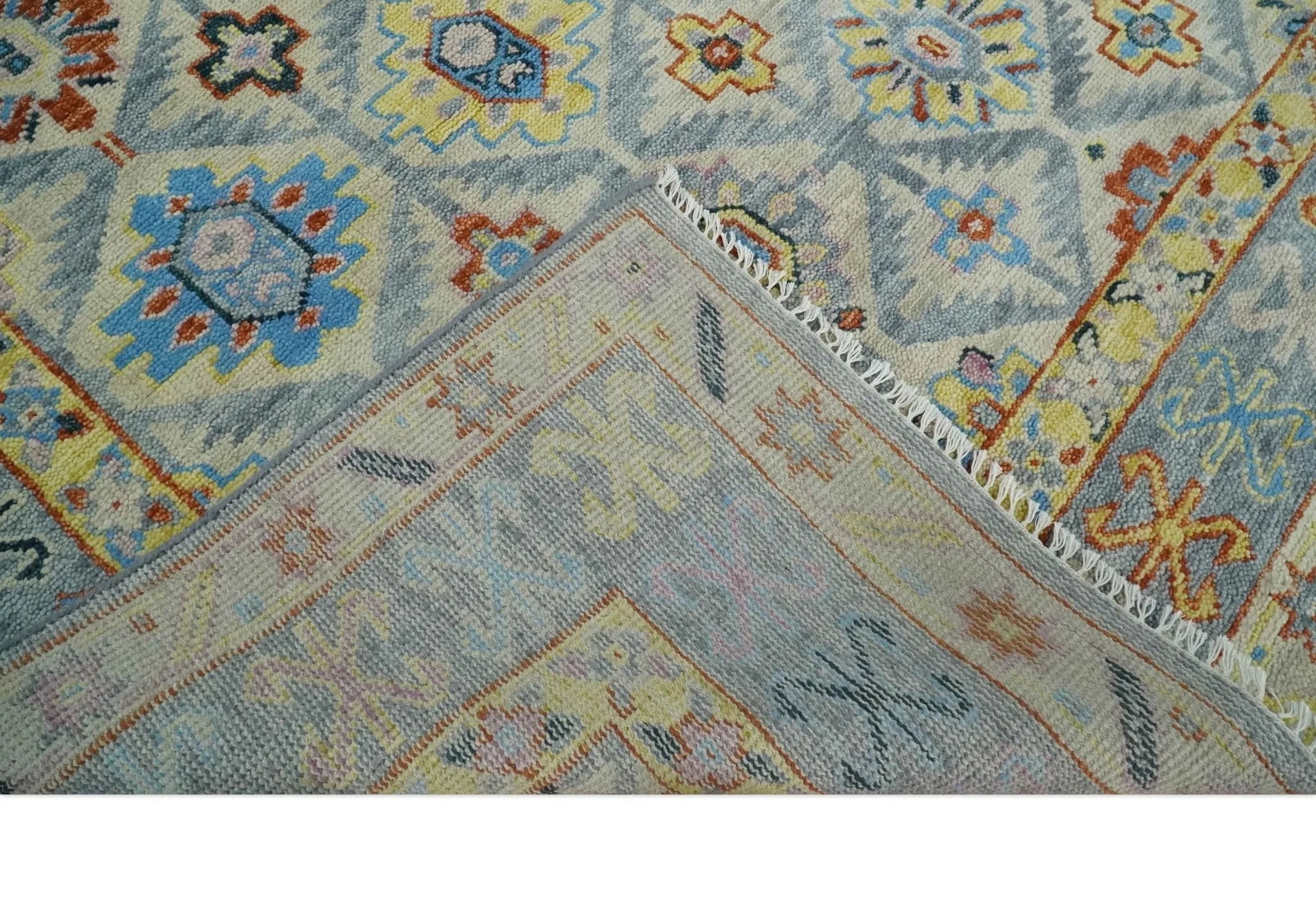 Vibrant Colorful Silver, Blue, Rust and Mustard Traditional Hand Knotted Custom Made Wool Area Rug