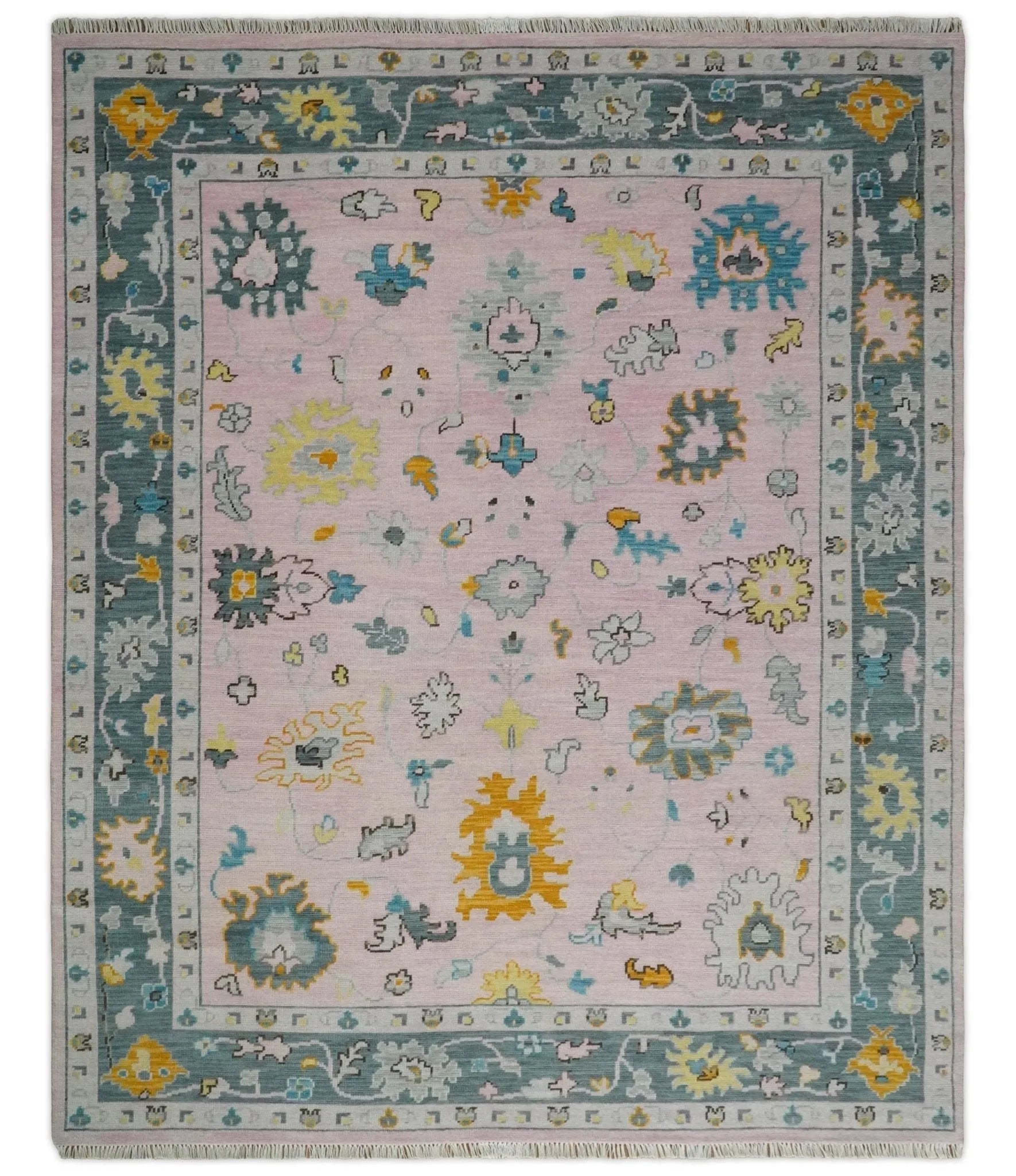 Custom Made Pink and Gray Vibrant Colorful Hand knotted Traditional Oushak wool Area Rug