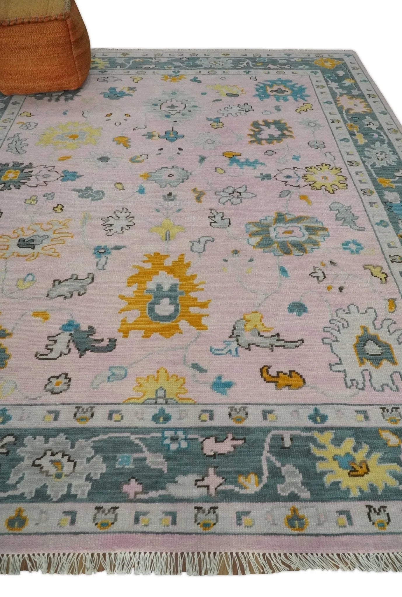 Custom Made Pink and Gray Vibrant Colorful Hand knotted Traditional Oushak wool Area Rug