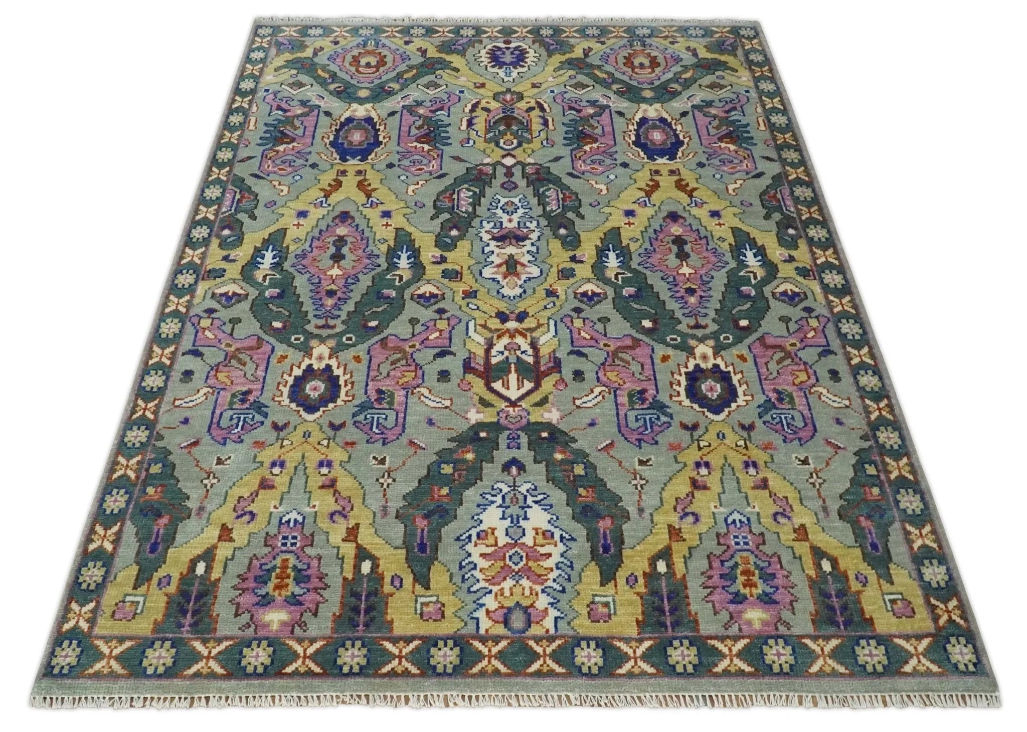 Hand knotted Green, Pink and Gold Traditional large design Antique Oushak Custom Made wool Area Rug