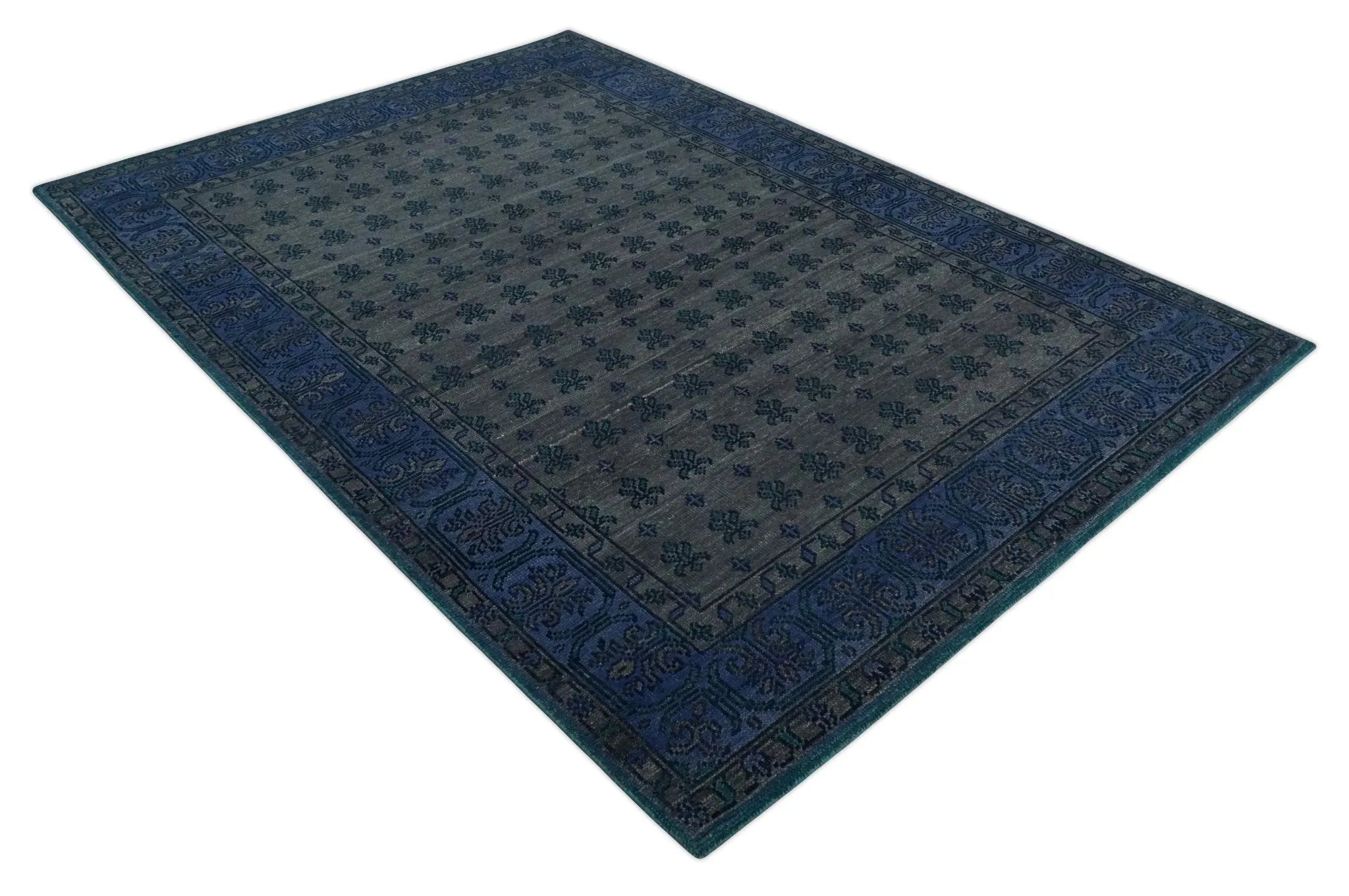 Gray and Blue Traditional Hand Knotted Antique Style low Pile Custom Made Wool Area Rug