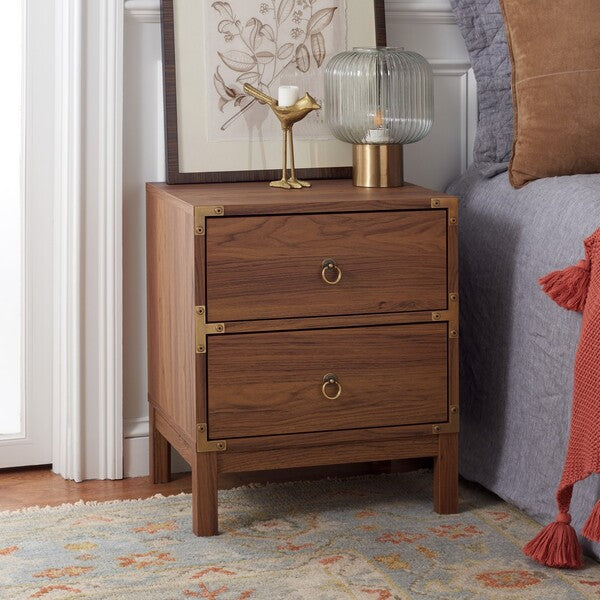 Galio 2 Drawer Nightstand in Walnut with Gold Metal Handles