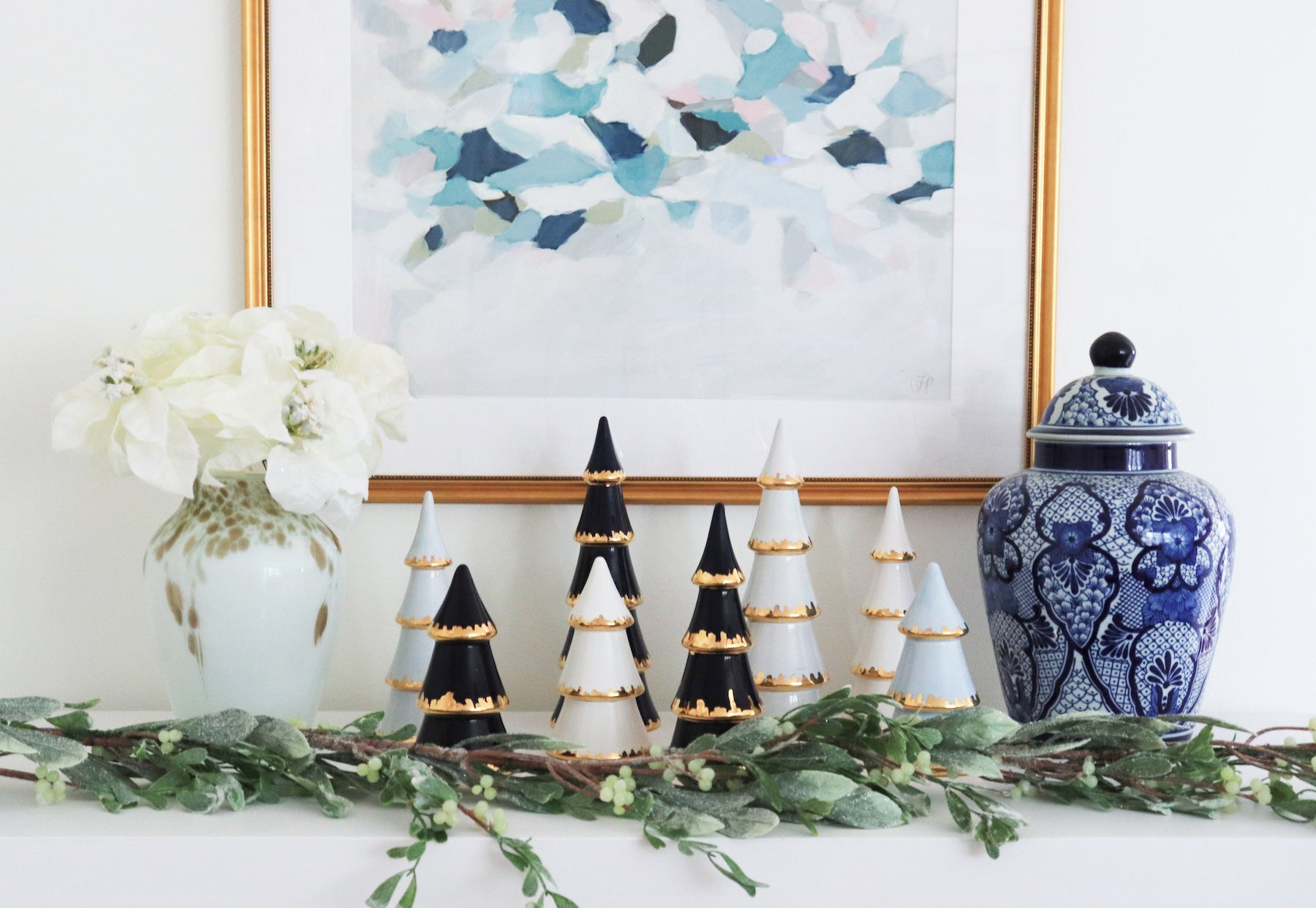 Hydrangea Blue Tiered Christmas Trees with 22K Gold Brushstroke Accent