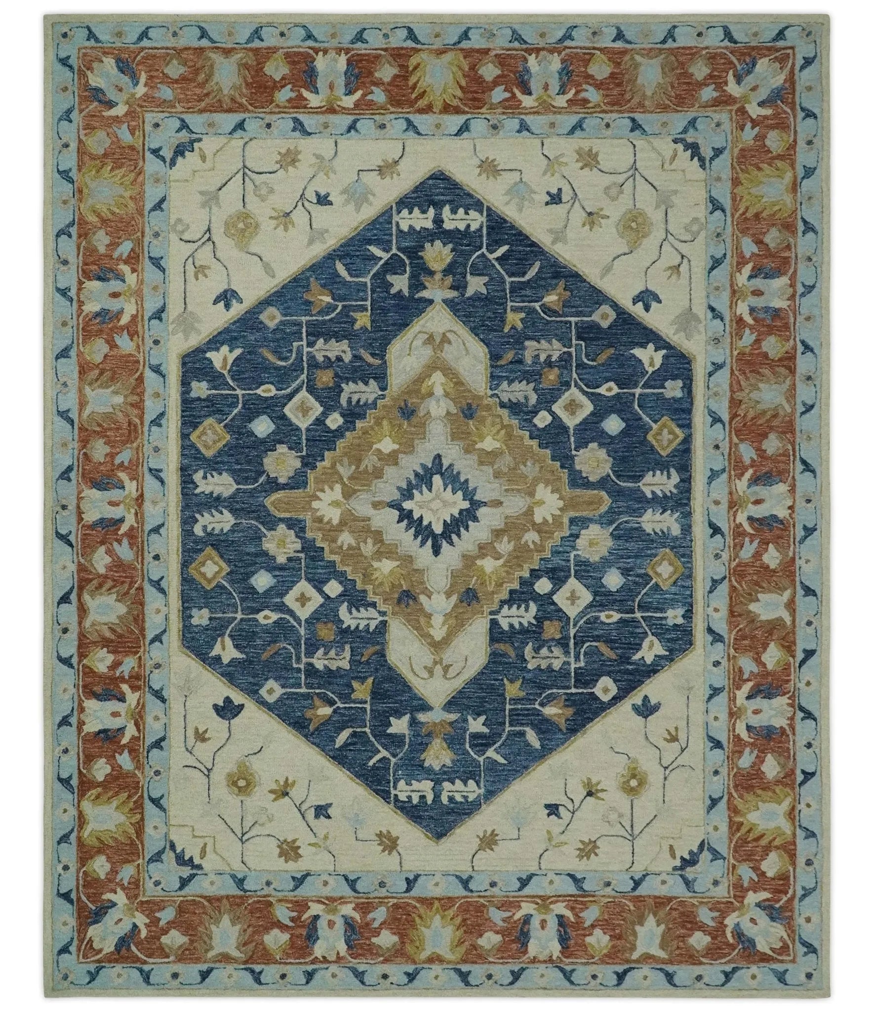 Olive, Blue, Beige and Rust Traditional Heriz Medallion Hand Tufted Custom Made wool area Rug