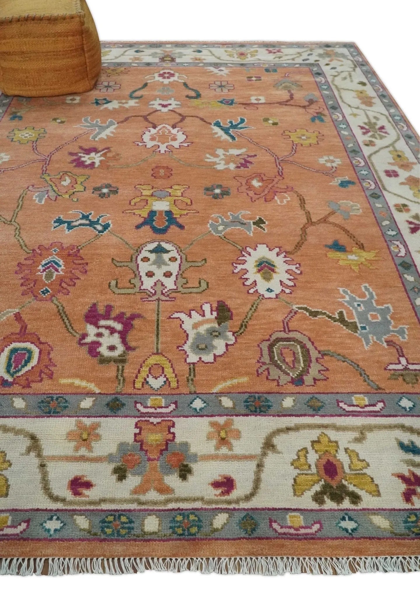 Peach and Ivory Hand knotted Oushak Custom Made wool Area Rug