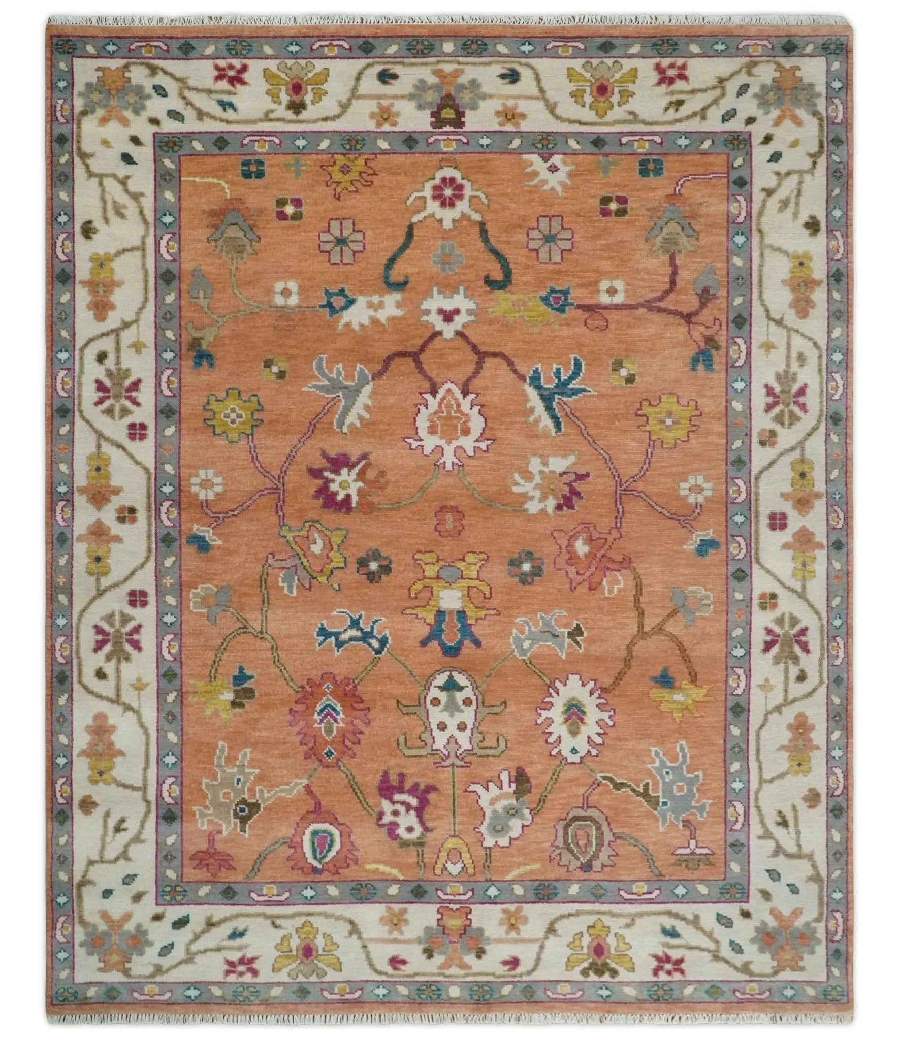 Peach and Ivory Hand knotted Oushak Custom Made wool Area Rug