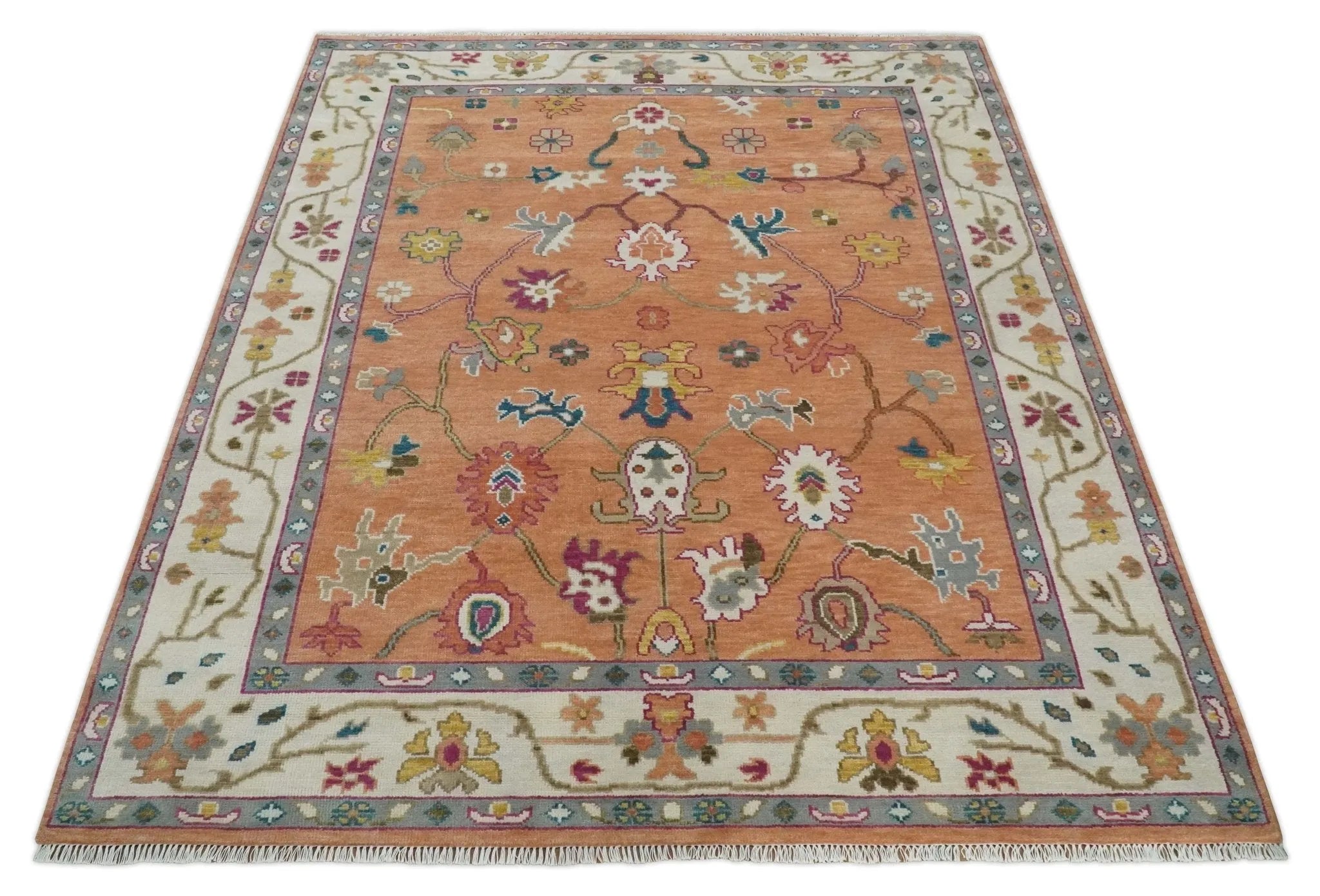 Peach and Ivory Hand knotted Oushak Custom Made wool Area Rug