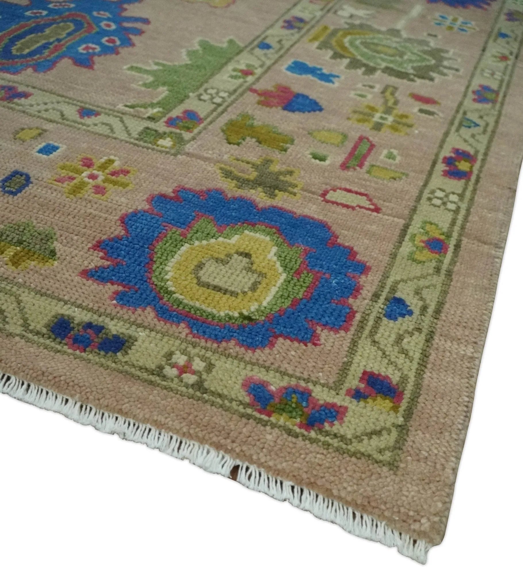 Peach, Blue and Olive Hand knotted Traditional Custom Made Oushak wool Area Rug