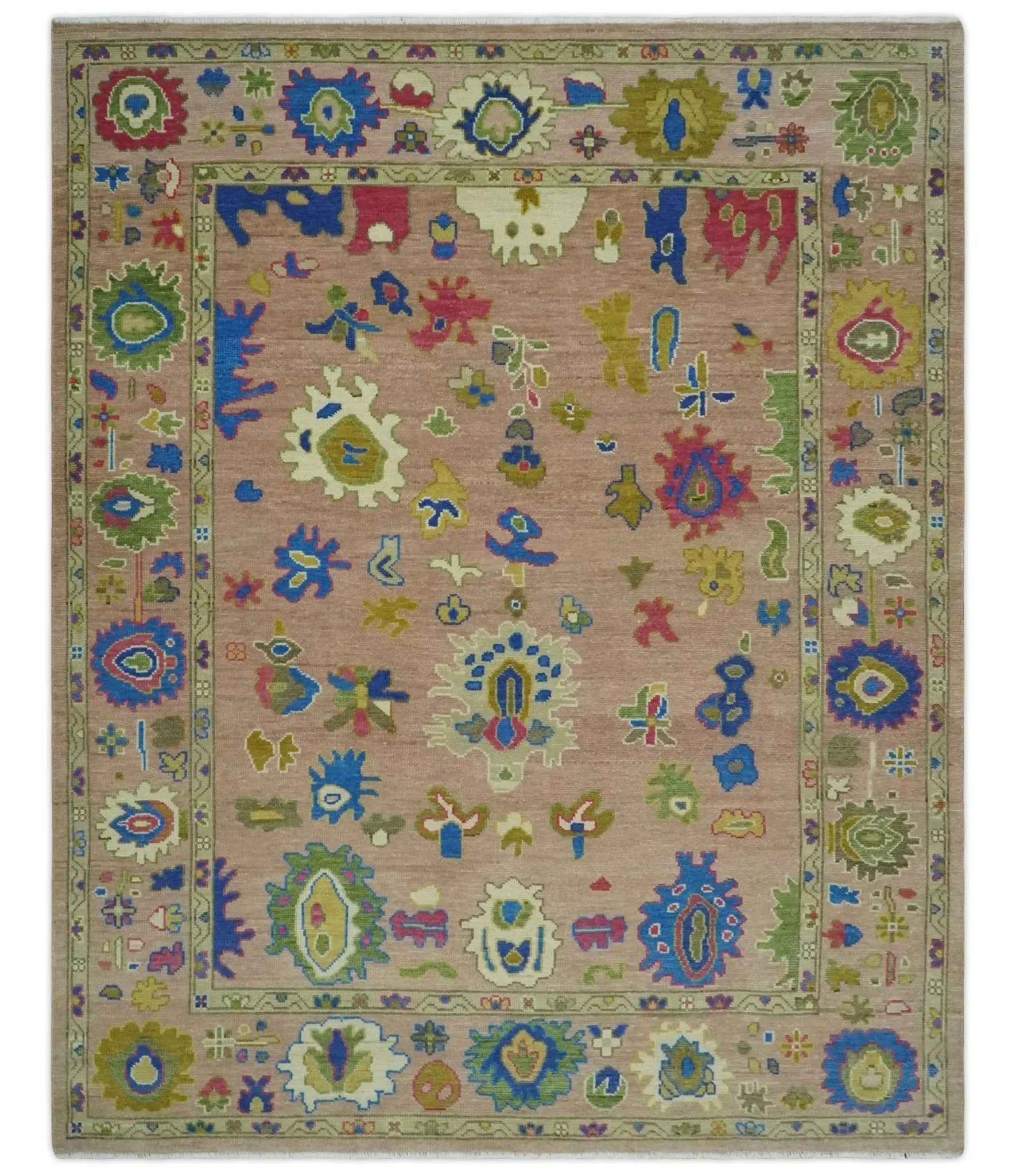 Peach, Blue and Olive Hand knotted Traditional Custom Made Oushak wool Area Rug