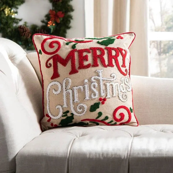 Merry Christmas Linen-Polyester Pillow with Built-in Zipper