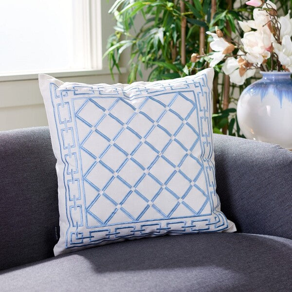 Safavieh Bentra Pillow in White with Blue Diamond Lattice Pattern