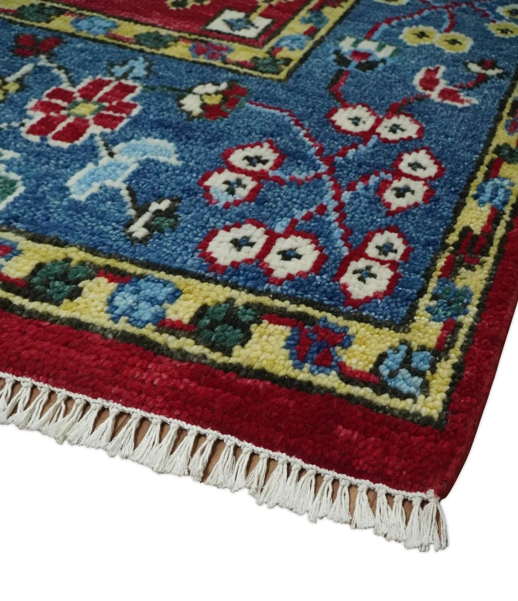 Custom Made Maroon and Blue Antique Turkish Kashgar Hand Knotted Red and Blue Traditional Oushak Wool Area Rug