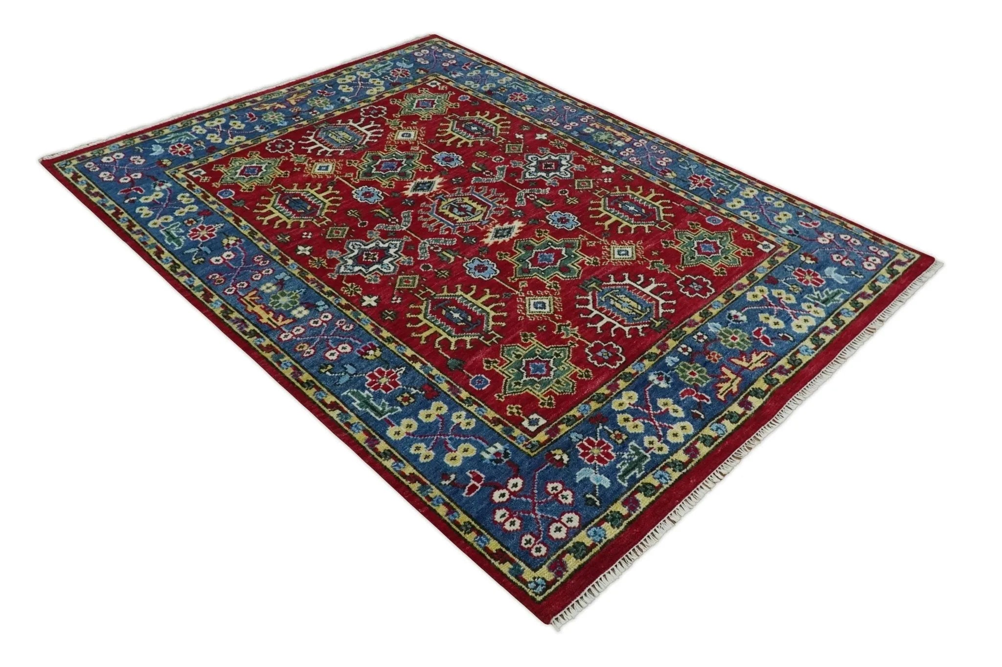 Custom Made Maroon and Blue Antique Turkish Kashgar Hand Knotted Red and Blue Traditional Oushak Wool Area Rug