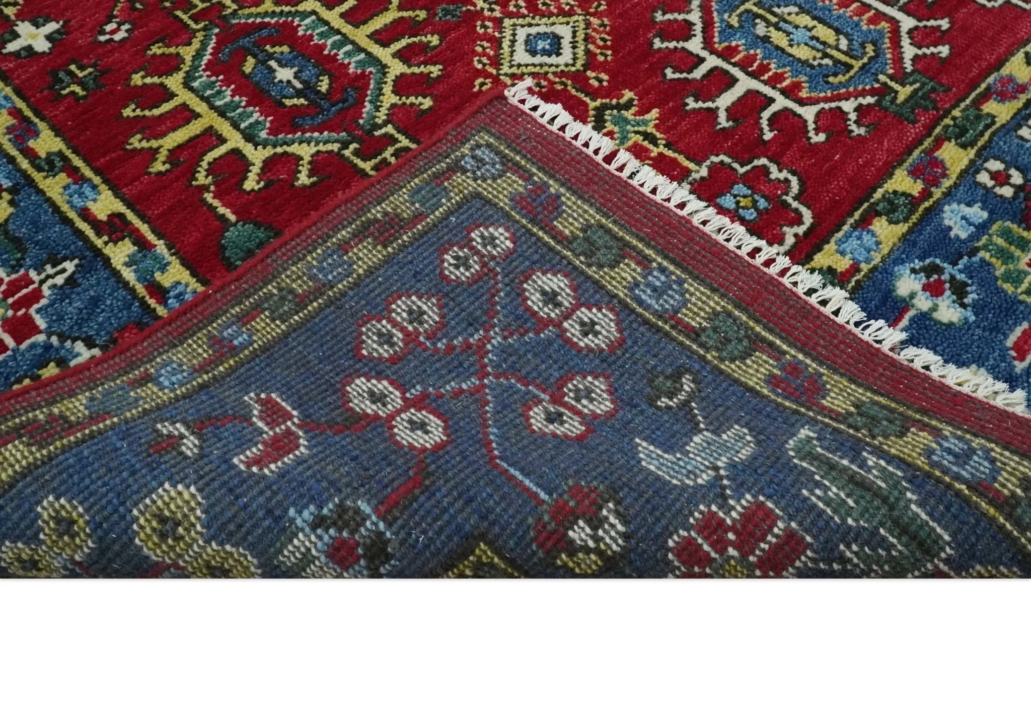 Custom Made Maroon and Blue Antique Turkish Kashgar Hand Knotted Red and Blue Traditional Oushak Wool Area Rug