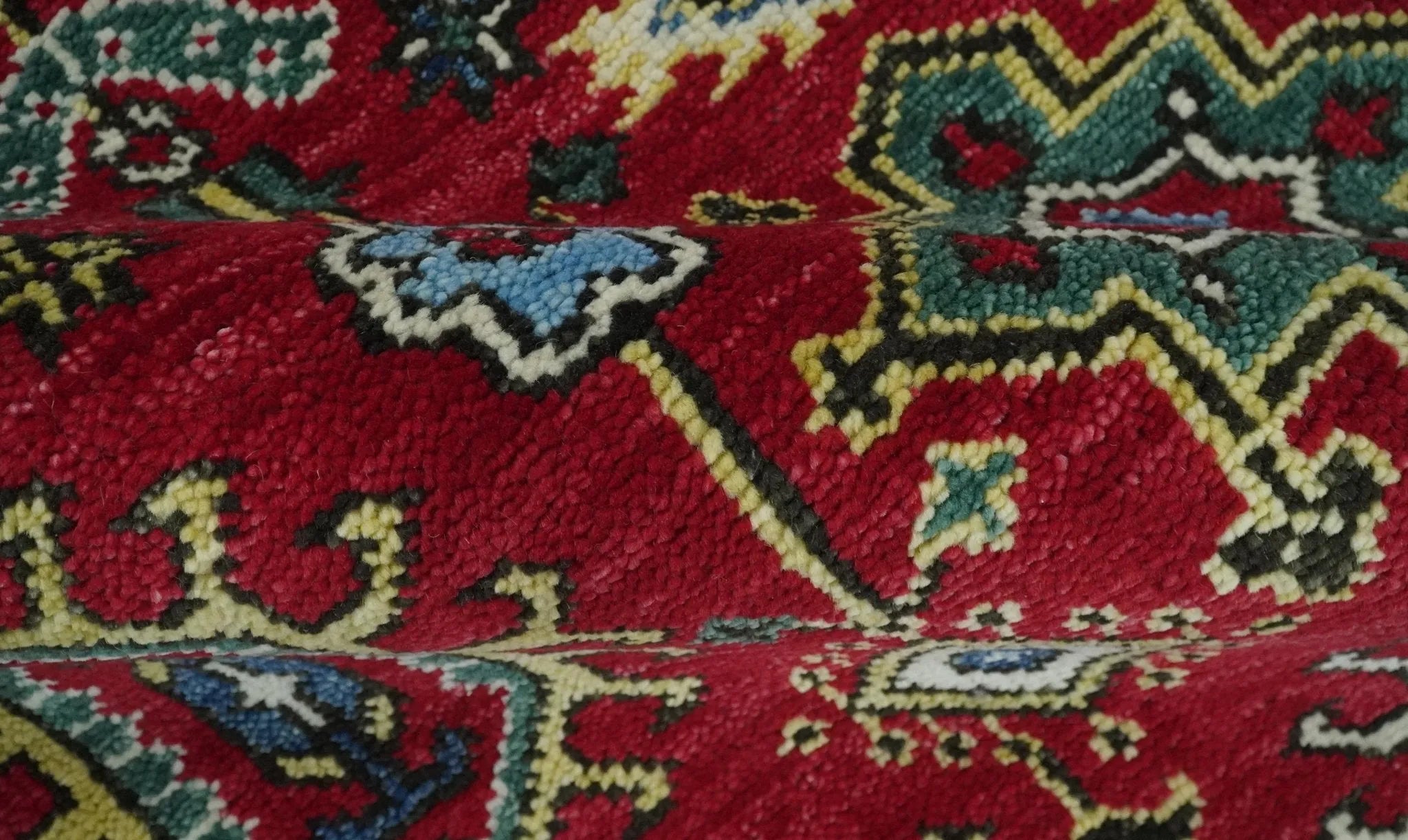 Custom Made Maroon and Blue Antique Turkish Kashgar Hand Knotted Red and Blue Traditional Oushak Wool Area Rug