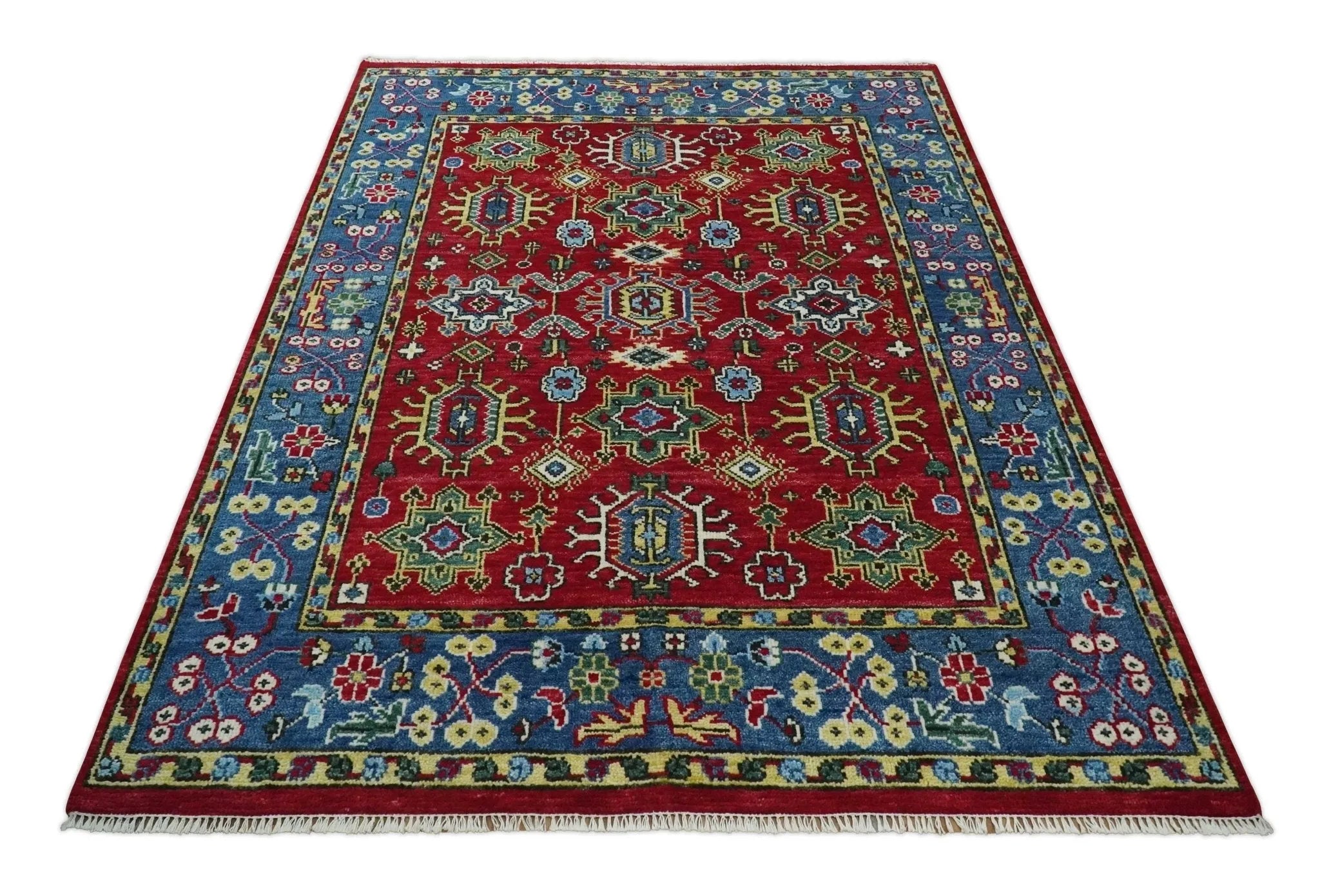 Custom Made Maroon and Blue Antique Turkish Kashgar Hand Knotted Red and Blue Traditional Oushak Wool Area Rug