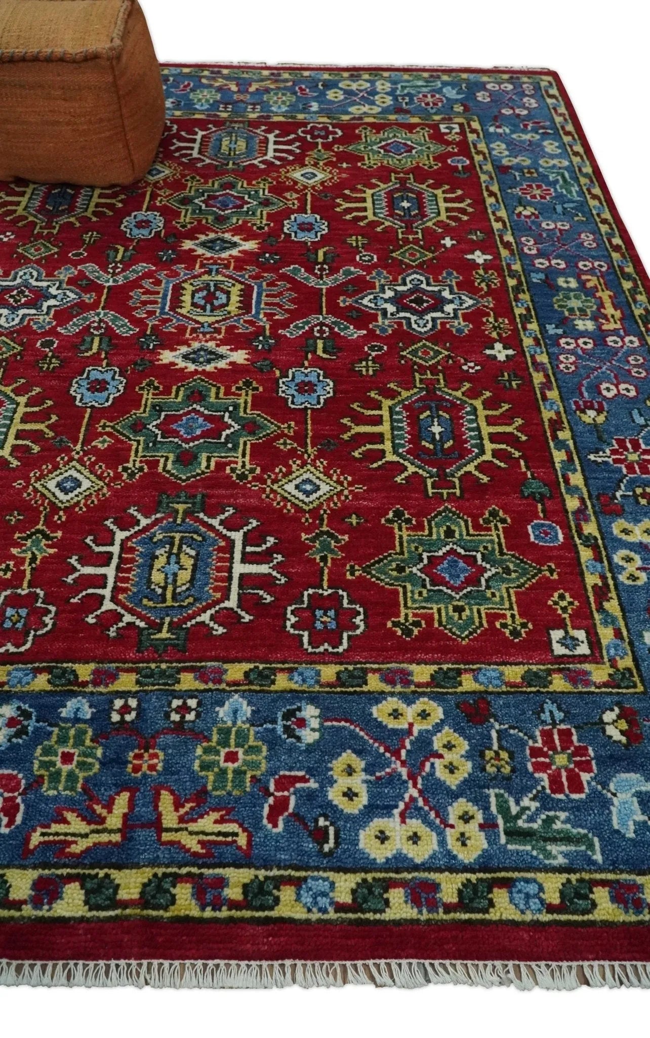 Custom Made Maroon and Blue Antique Turkish Kashgar Hand Knotted Red and Blue Traditional Oushak Wool Area Rug