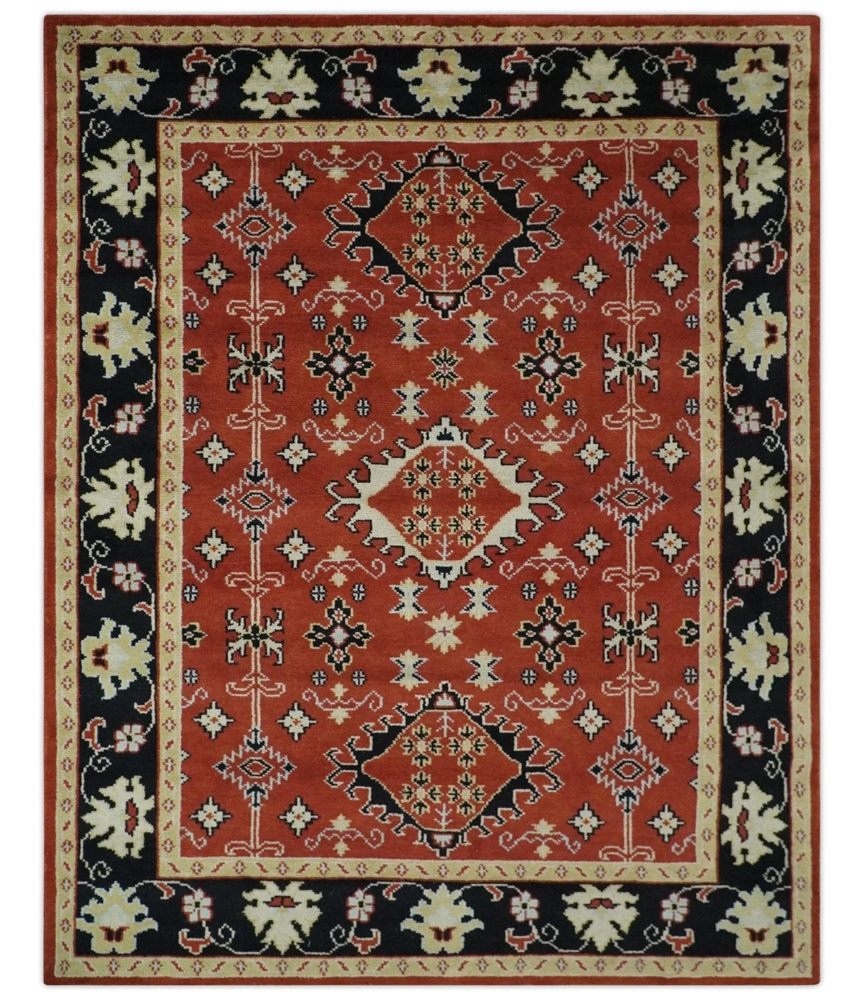 Rust, Black and Beige Traditional Oriental Hand Knotted Custom Made Wool Area Rug