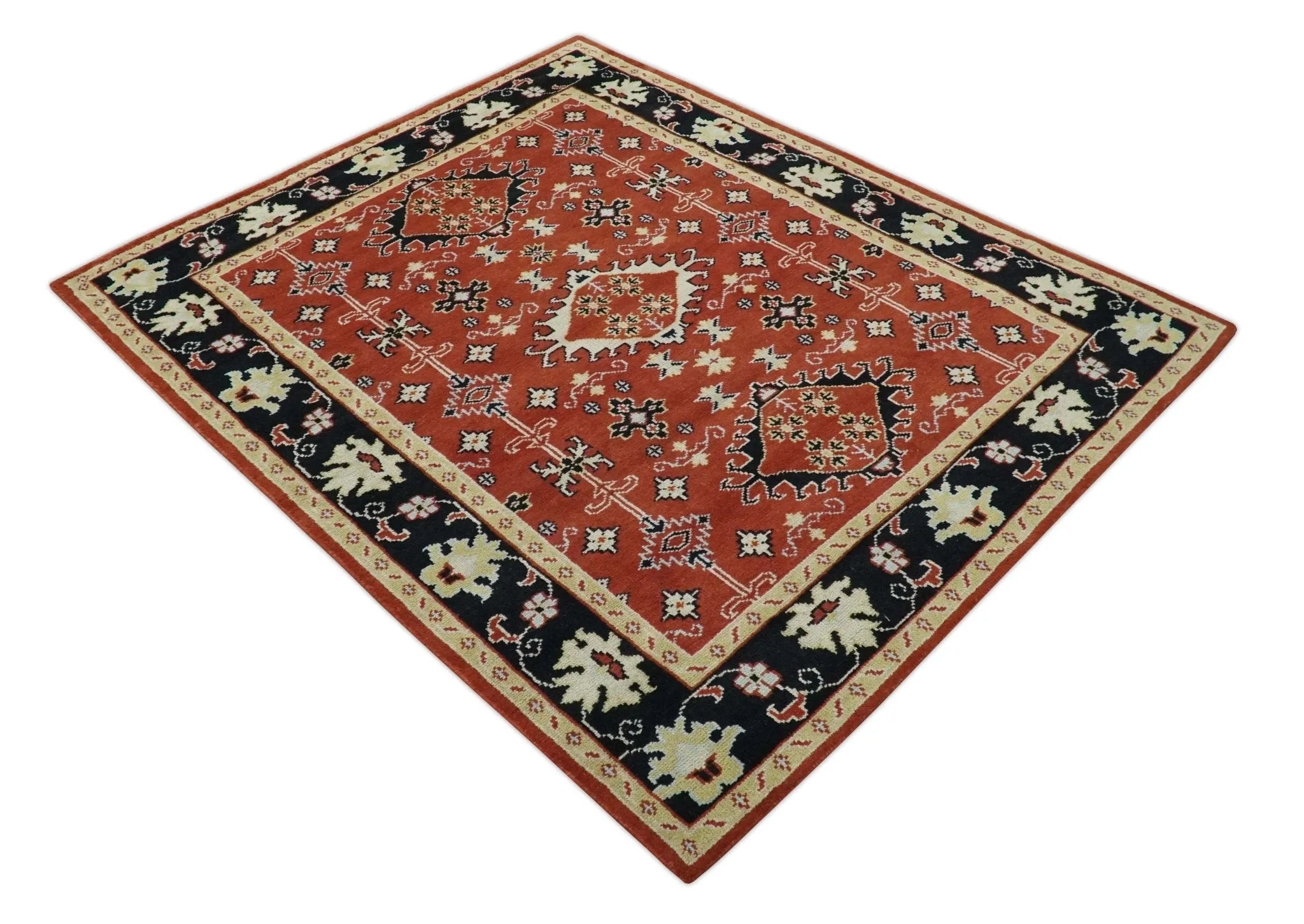 Rust, Black and Beige Traditional Oriental Hand Knotted Custom Made Wool Area Rug