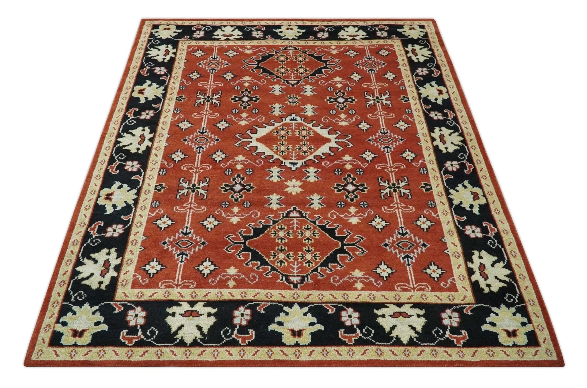 Rust, Black and Beige Traditional Oriental Hand Knotted Custom Made Wool Area Rug