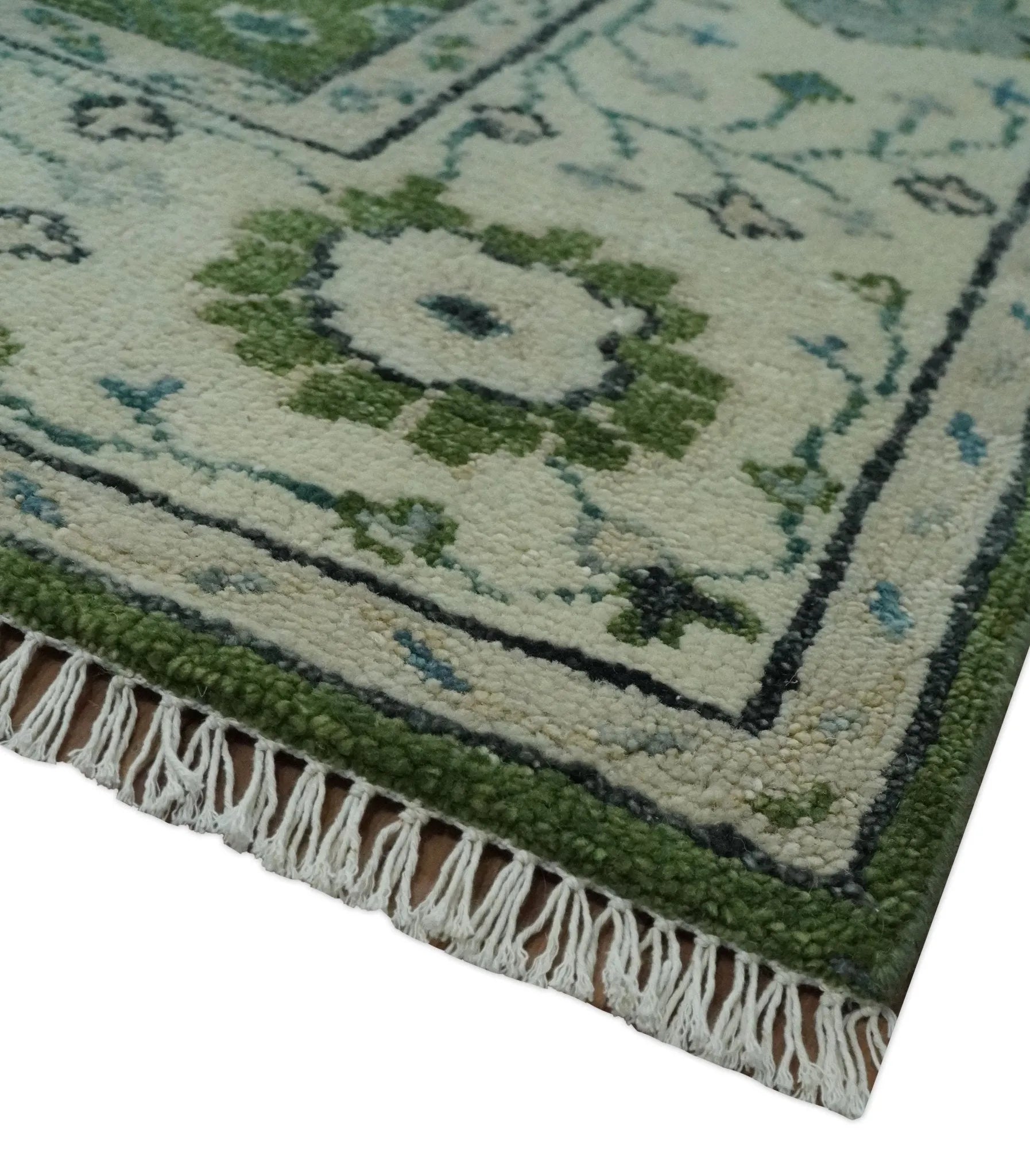 Royal Green and Ivory Custom Made Hand knotted Traditional Oushak wool Area Rug